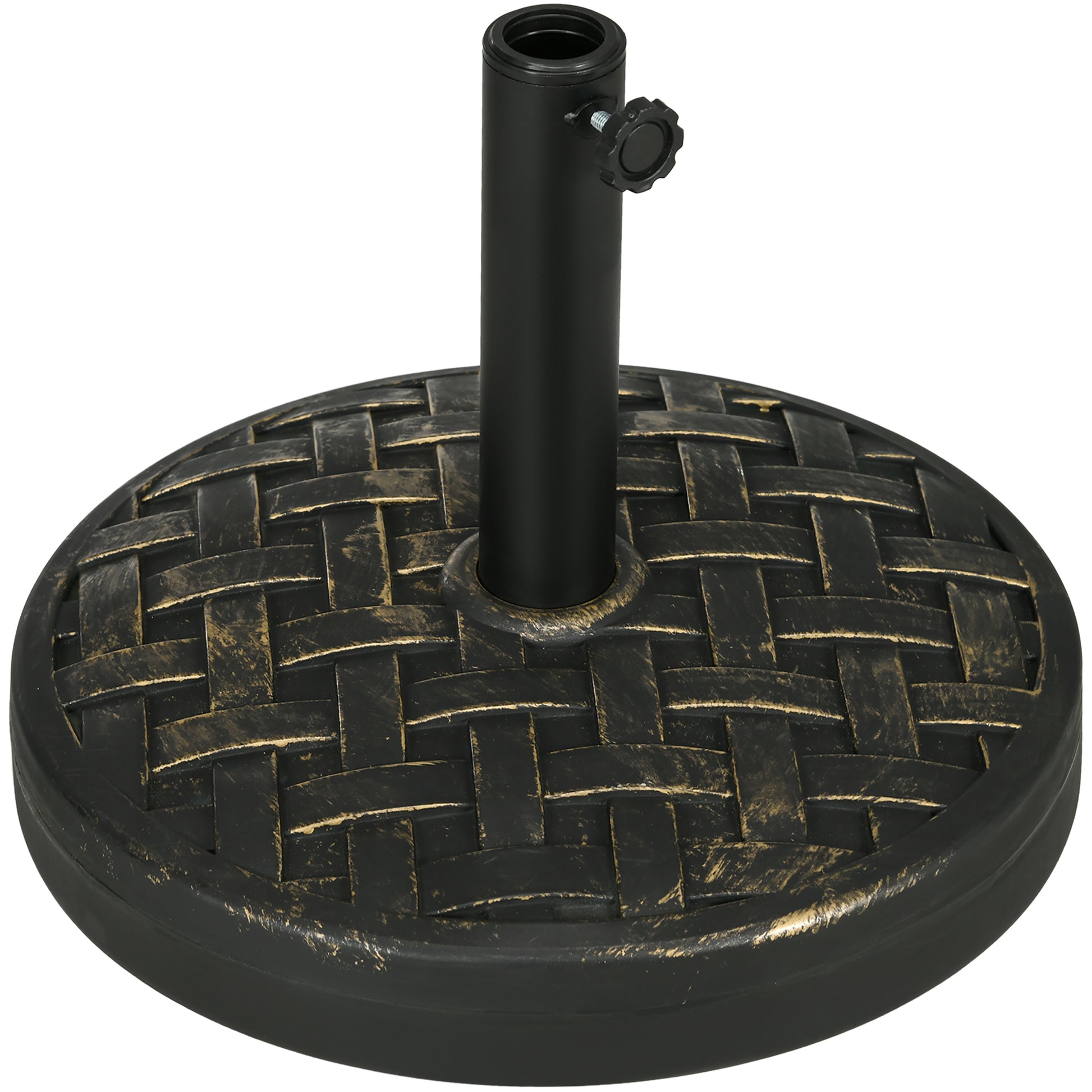 Black patio umbrella base with woven texture and gold accents