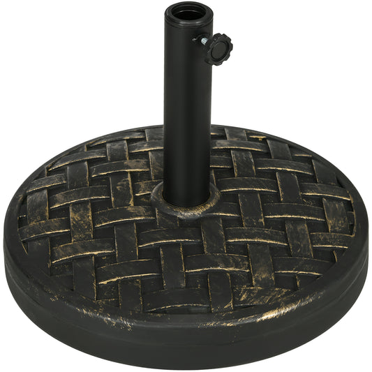 Black patio umbrella base with woven texture and gold accents