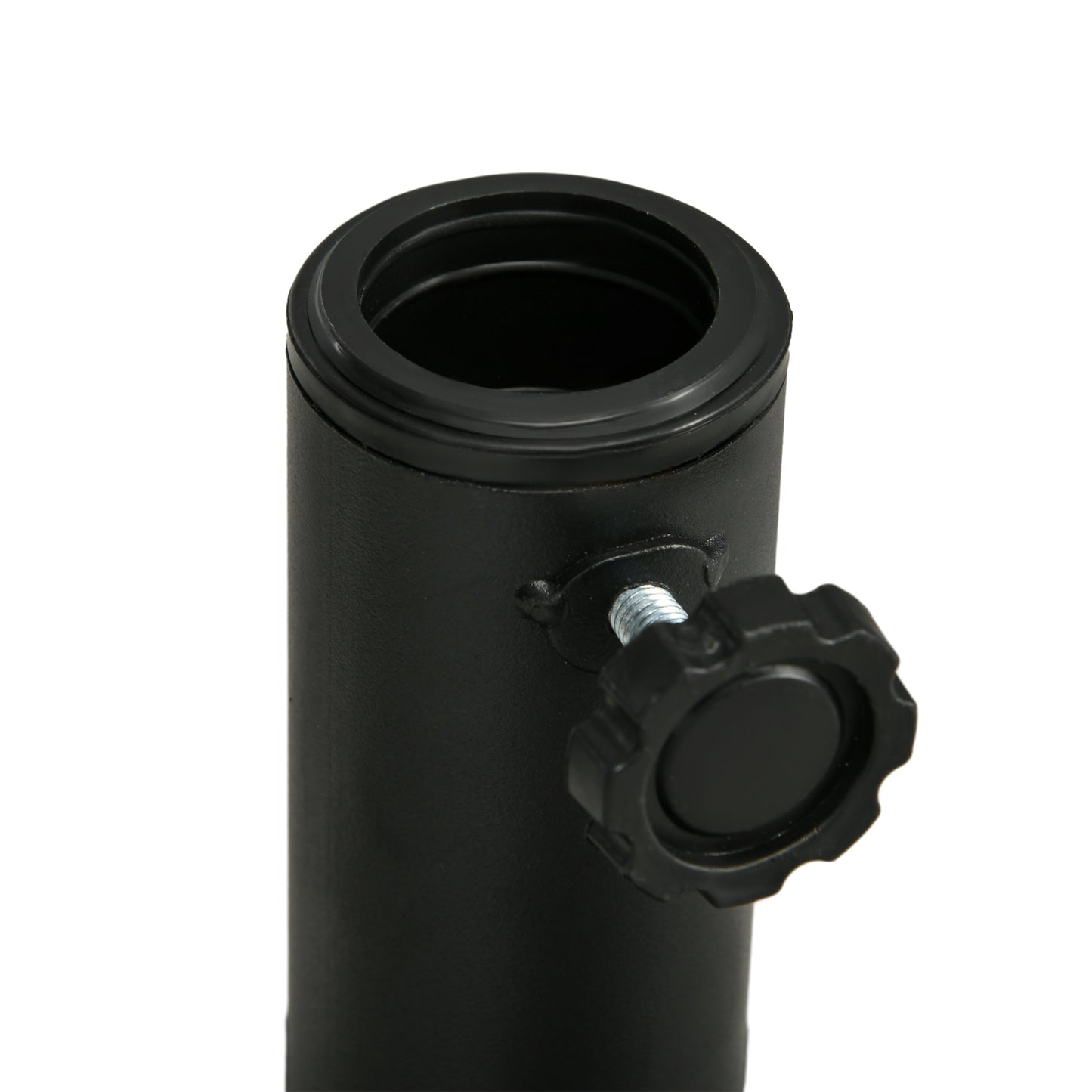 Black metal umbrella stand base with tightening screw securing poles