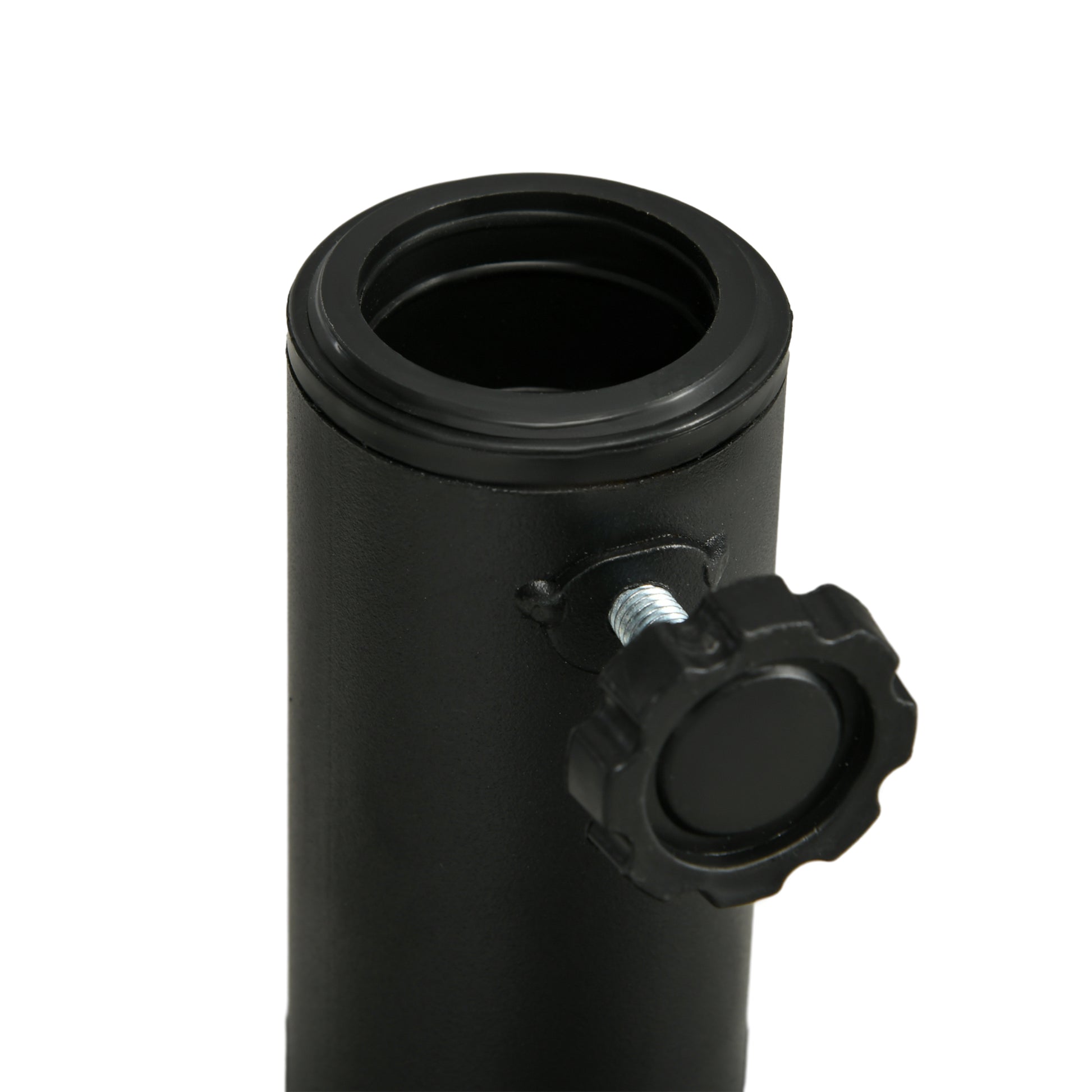 Black metal umbrella stand base with tightening screw securing poles