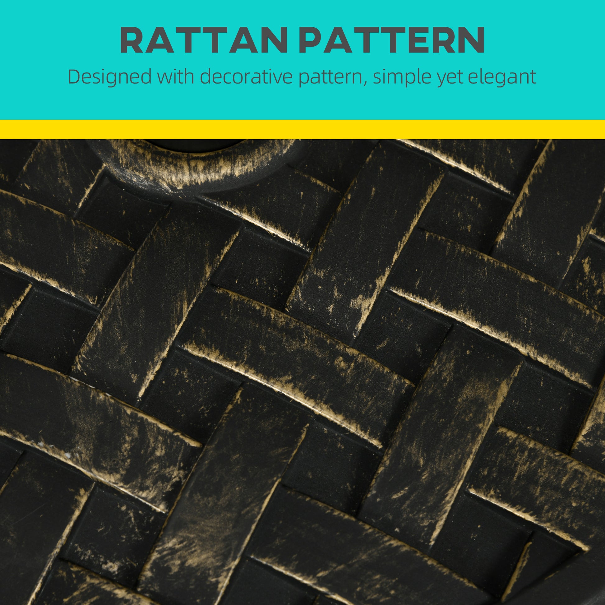 Closeup of black faux rattan material with gold accents basketweave pattern