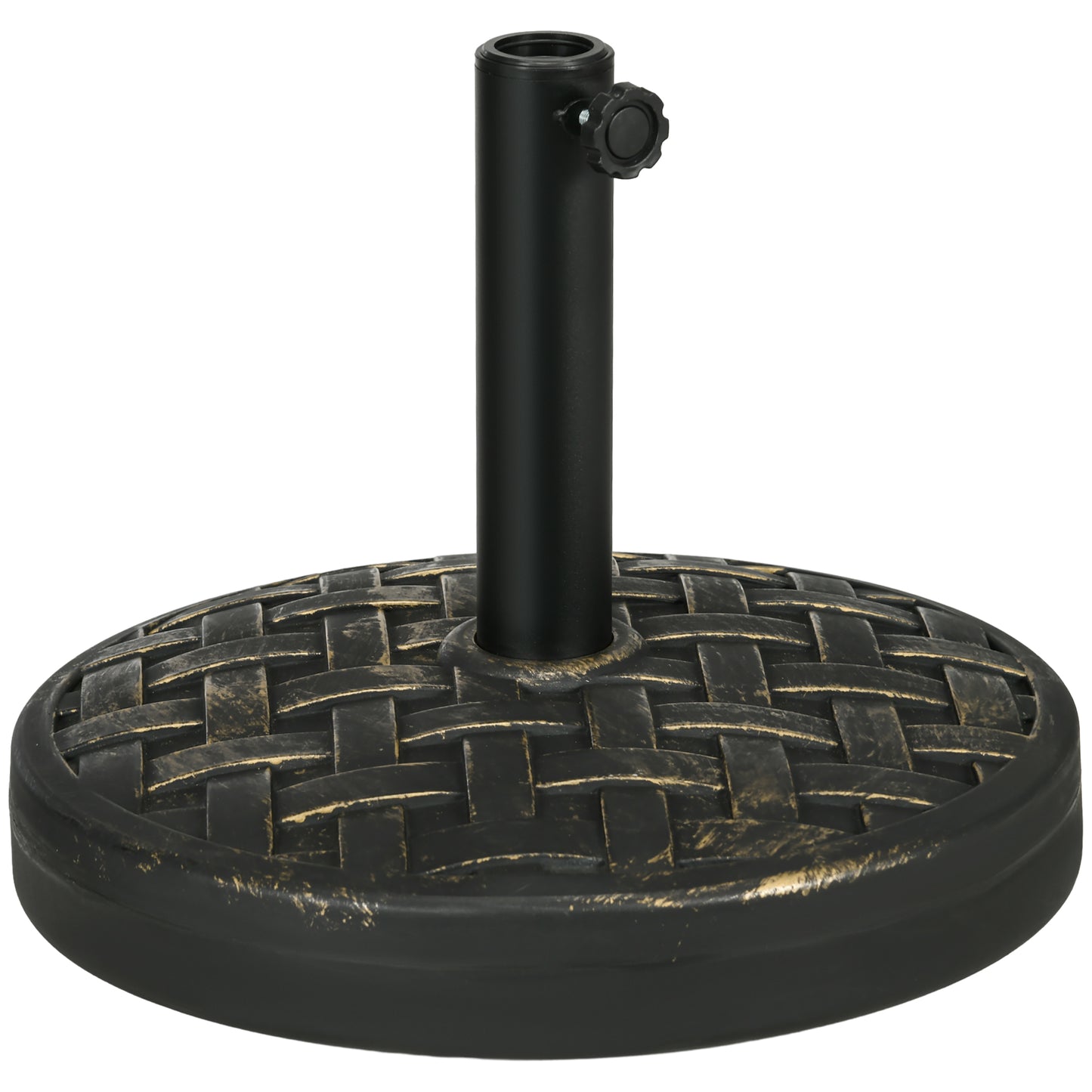 Black resin patio umbrella base with woven texture and adjustable knob for stability