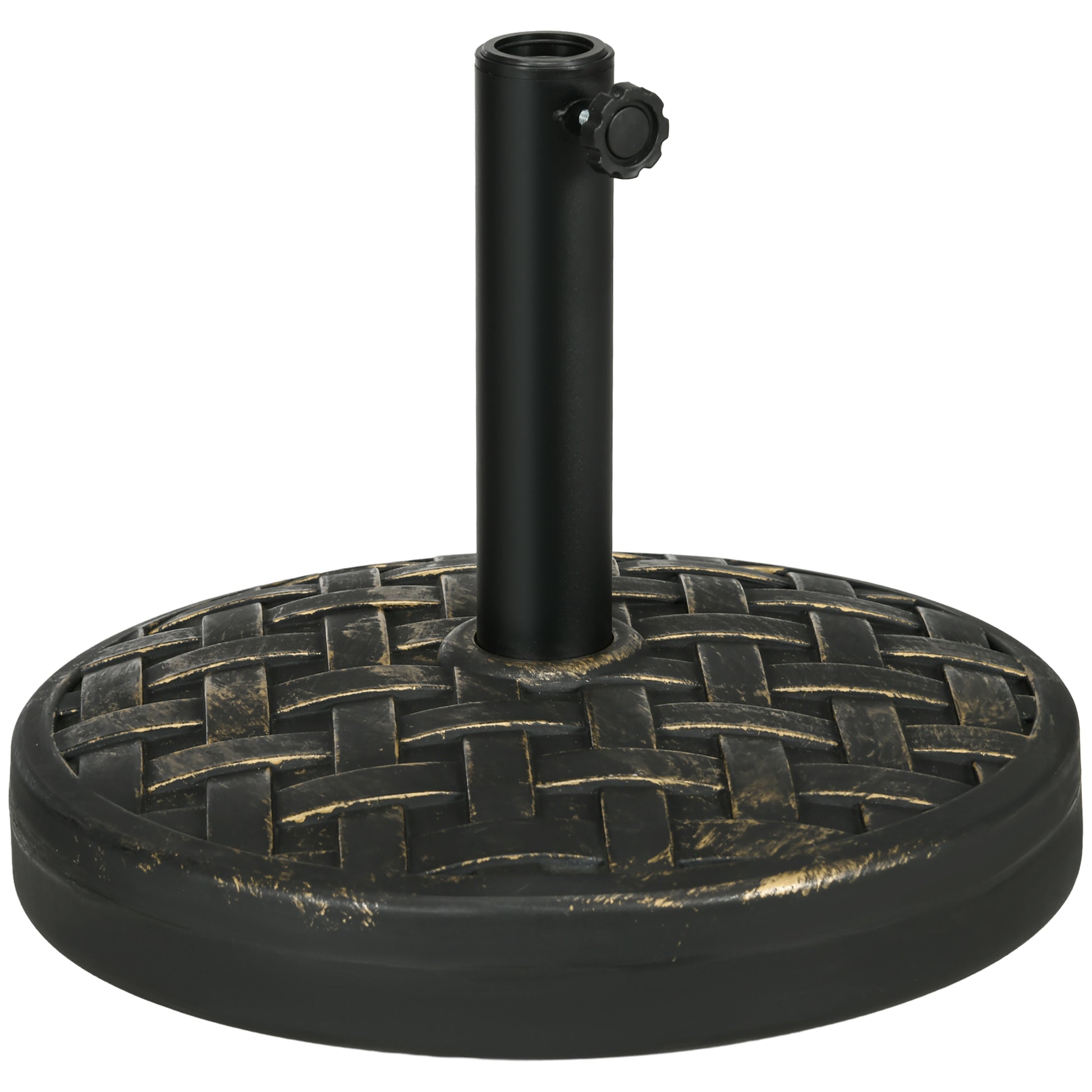 Black resin patio umbrella base with woven texture and adjustable knob for stability