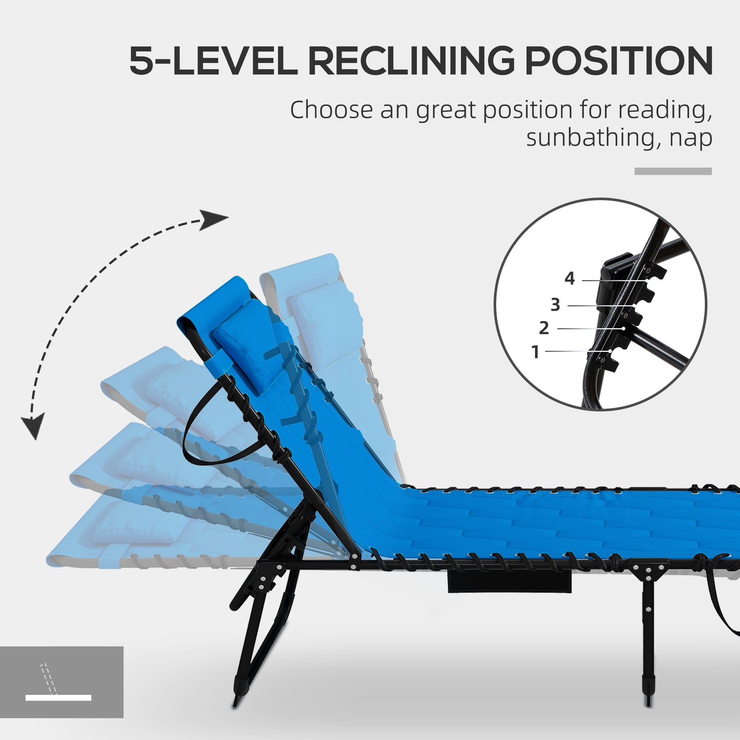 Blue reclining lounge chair with  adjustable positions for outdoor relaxation