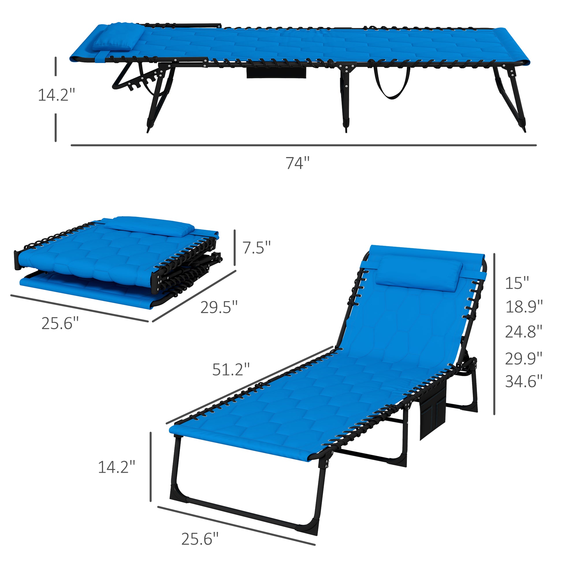 Blue quilted zero gravity chair with adjustable recline and headrest measuring  long