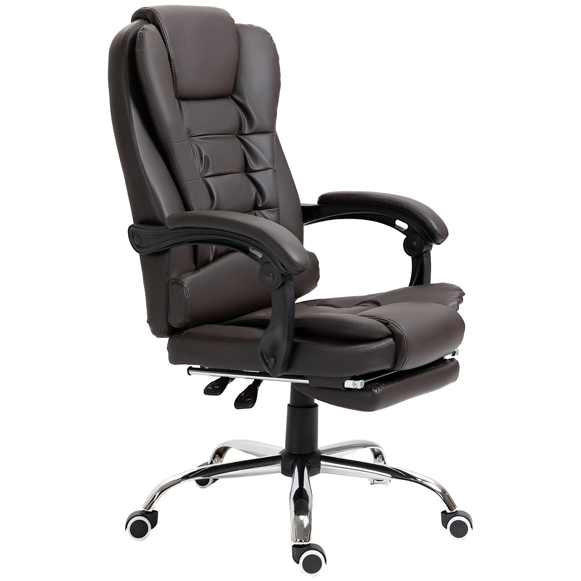 Padded brown executive chair with adjustable armrests and builtin footrest