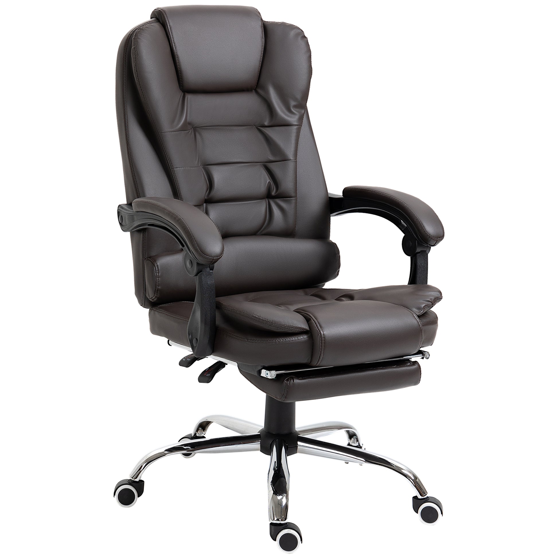 Executive brown leather office chair with padded headrest and adjustable footrest for comfort