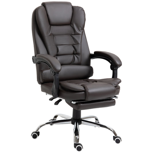 Executive brown leather office chair with padded headrest and adjustable footrest for comfort