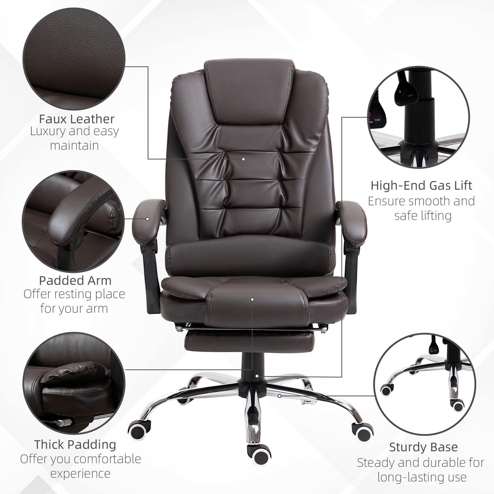 Dark brown executive office chair with faux leather upholstery and padded arms