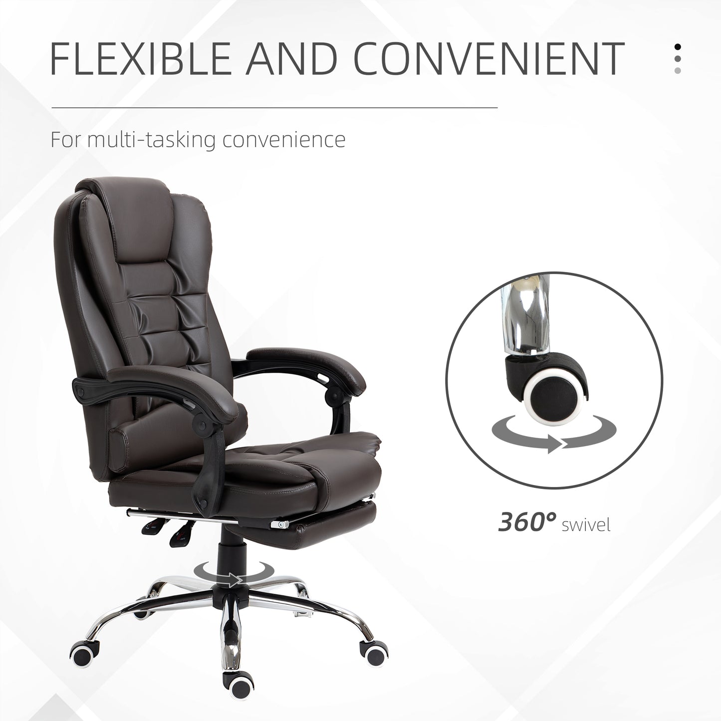 Brown faux leather executive office chair with adjustable footrest and padded arms