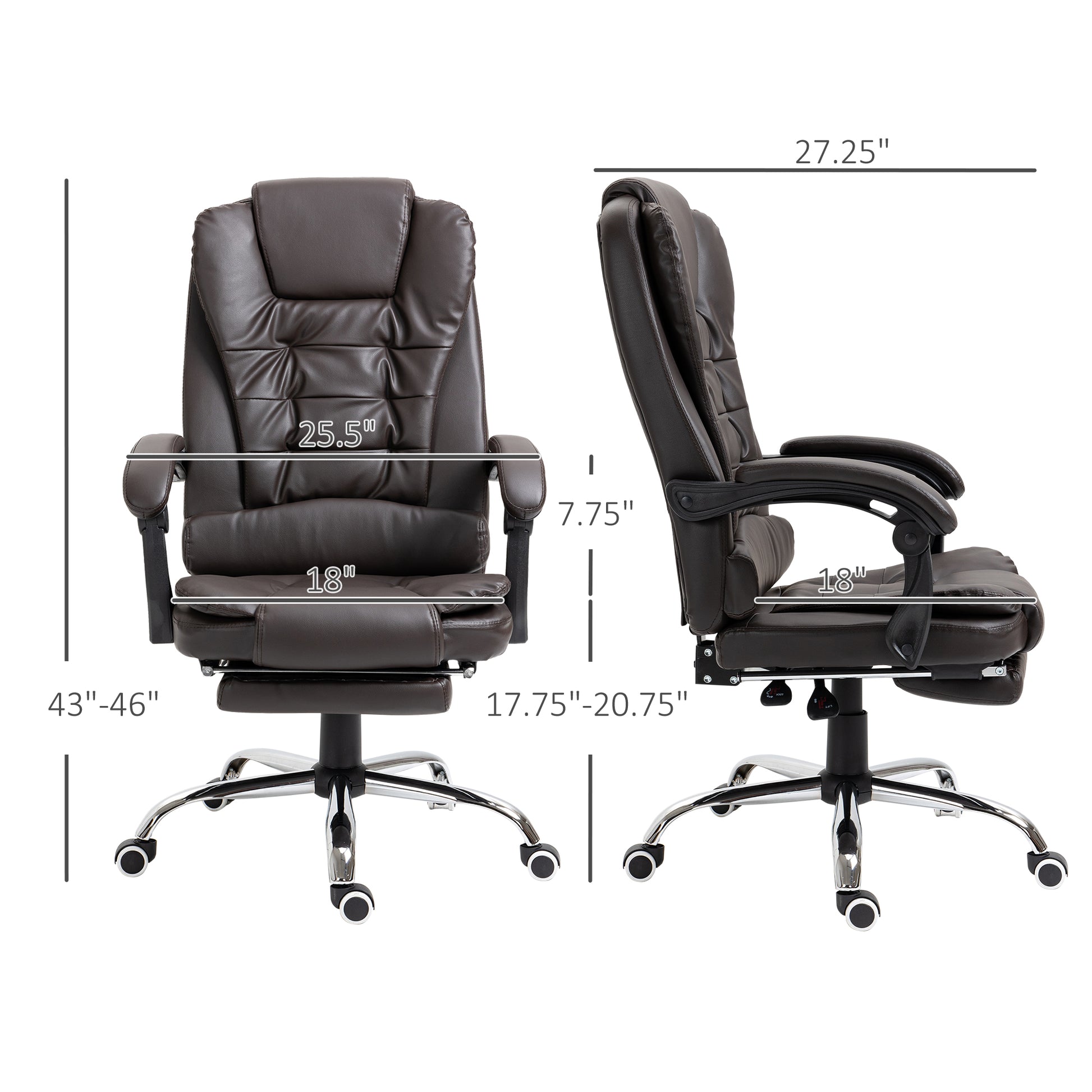 Brown executive office chair with plush cushioning and footrest