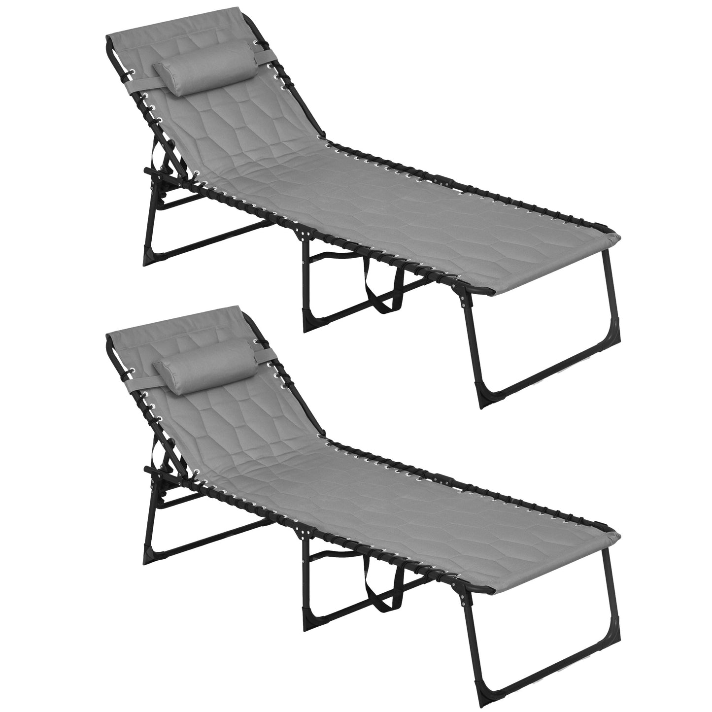 Gray quilted fabric chaise lounge with black metal frame and adjustable headrest