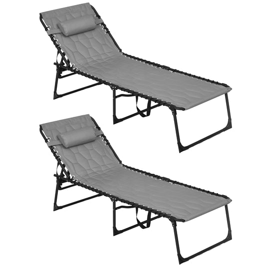 Gray quilted fabric chaise lounge with black metal frame and adjustable headrest