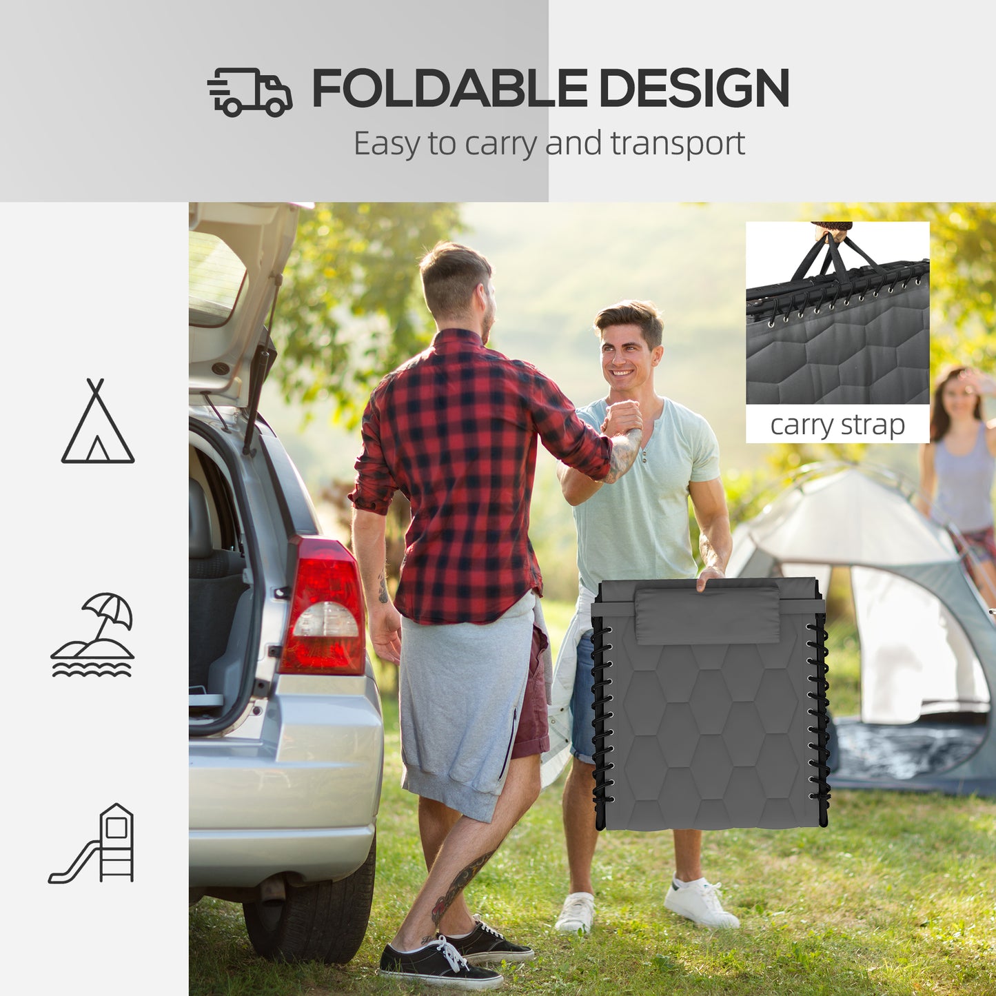 Gray hexagonal quilted portable camping mat with carry strap