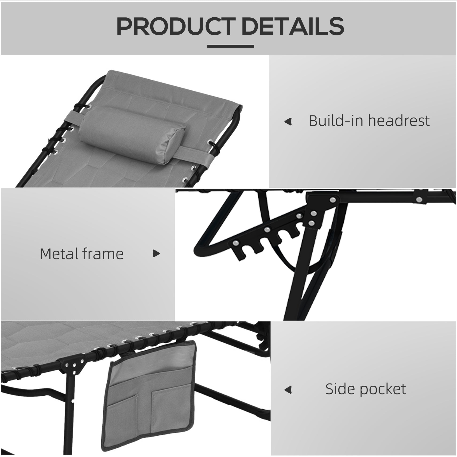 Gray zero gravity chair with adjustable headrest and durable metal frame for outdoor relaxation