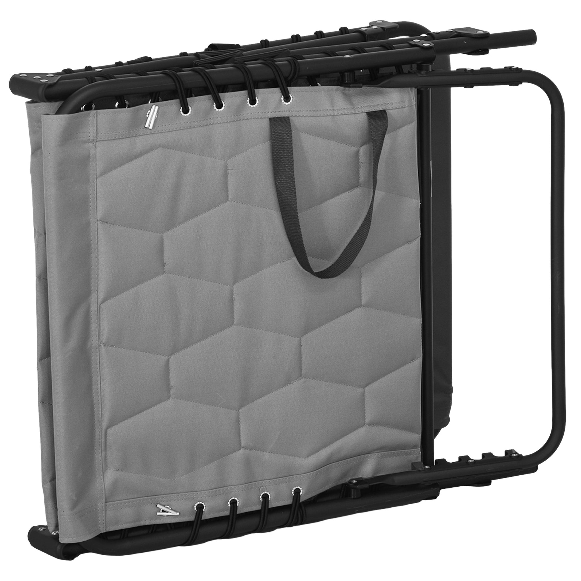 Gray quilted fabric seat for a folding chair featuring black bungee cords and a handle