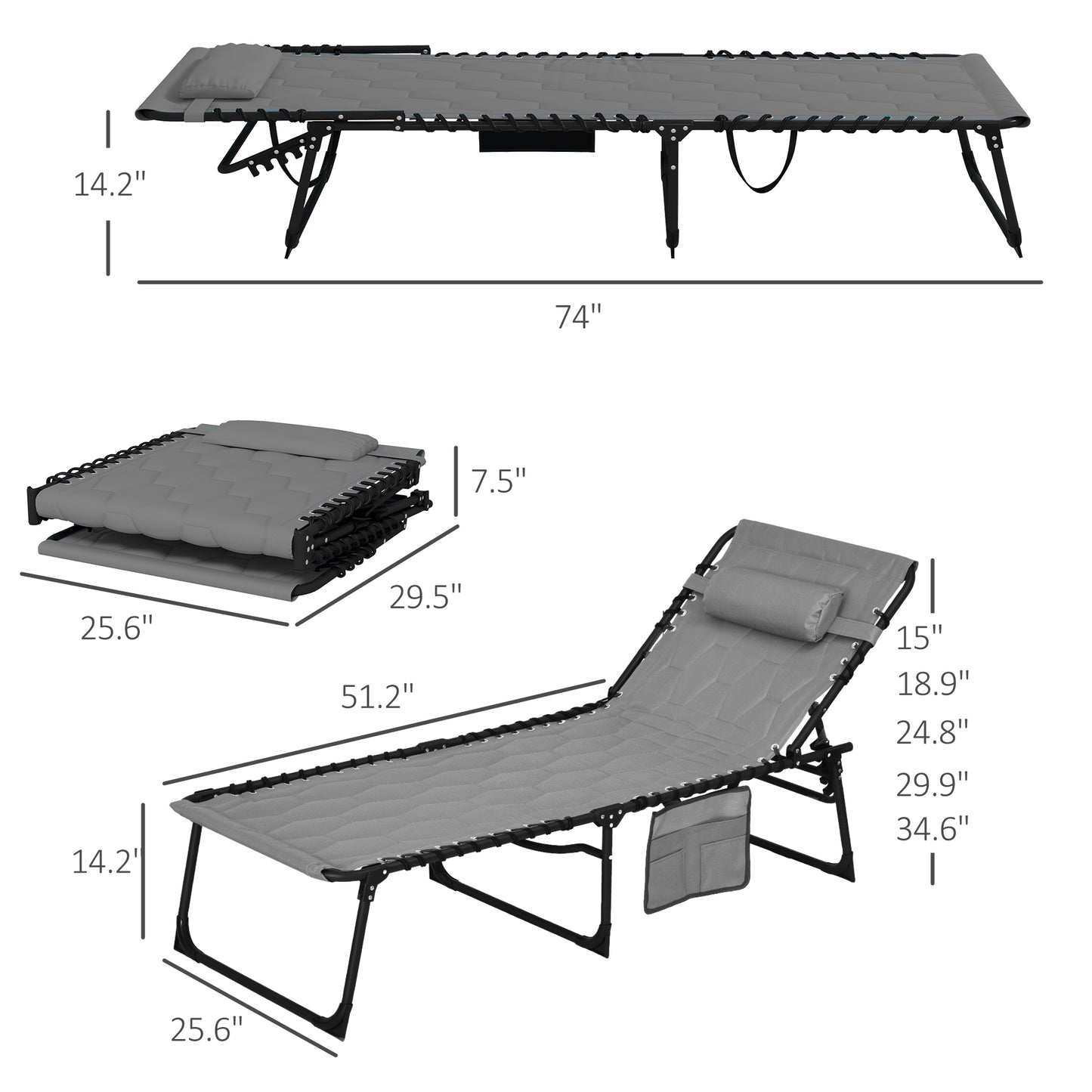 Gray folding camping cot with adjustable recline dimensions  L x  W