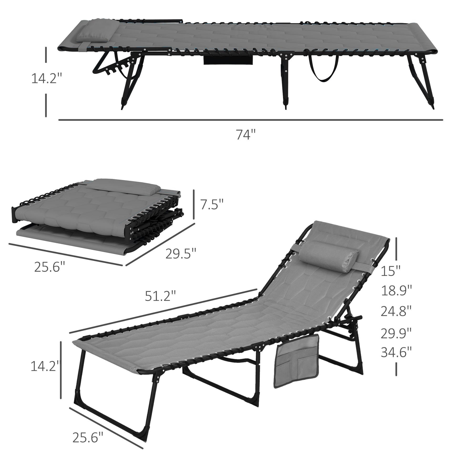 Gray folding camping cot with adjustable recline dimensions  L x  W