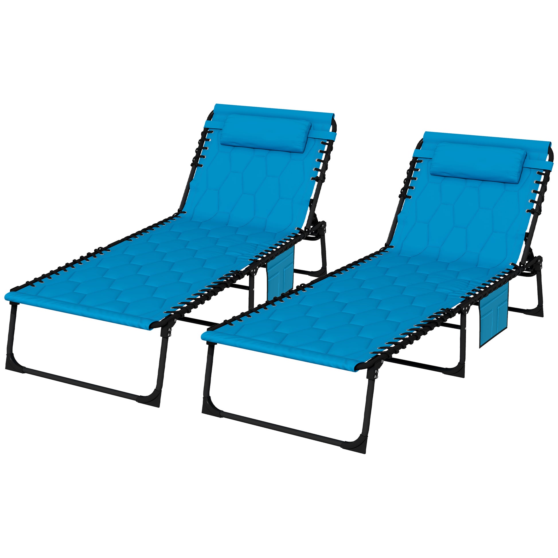 Two blue bungee cord zero gravity chairs with padded headrests and storage pockets