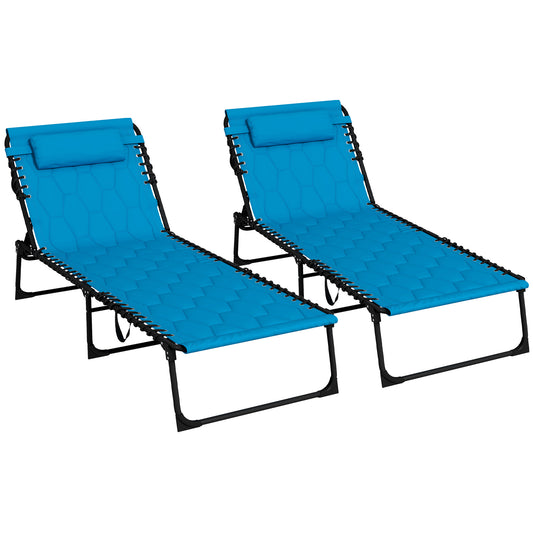 Two blue fabric zero gravity chairs with black metal frames perfect for poolside lounging