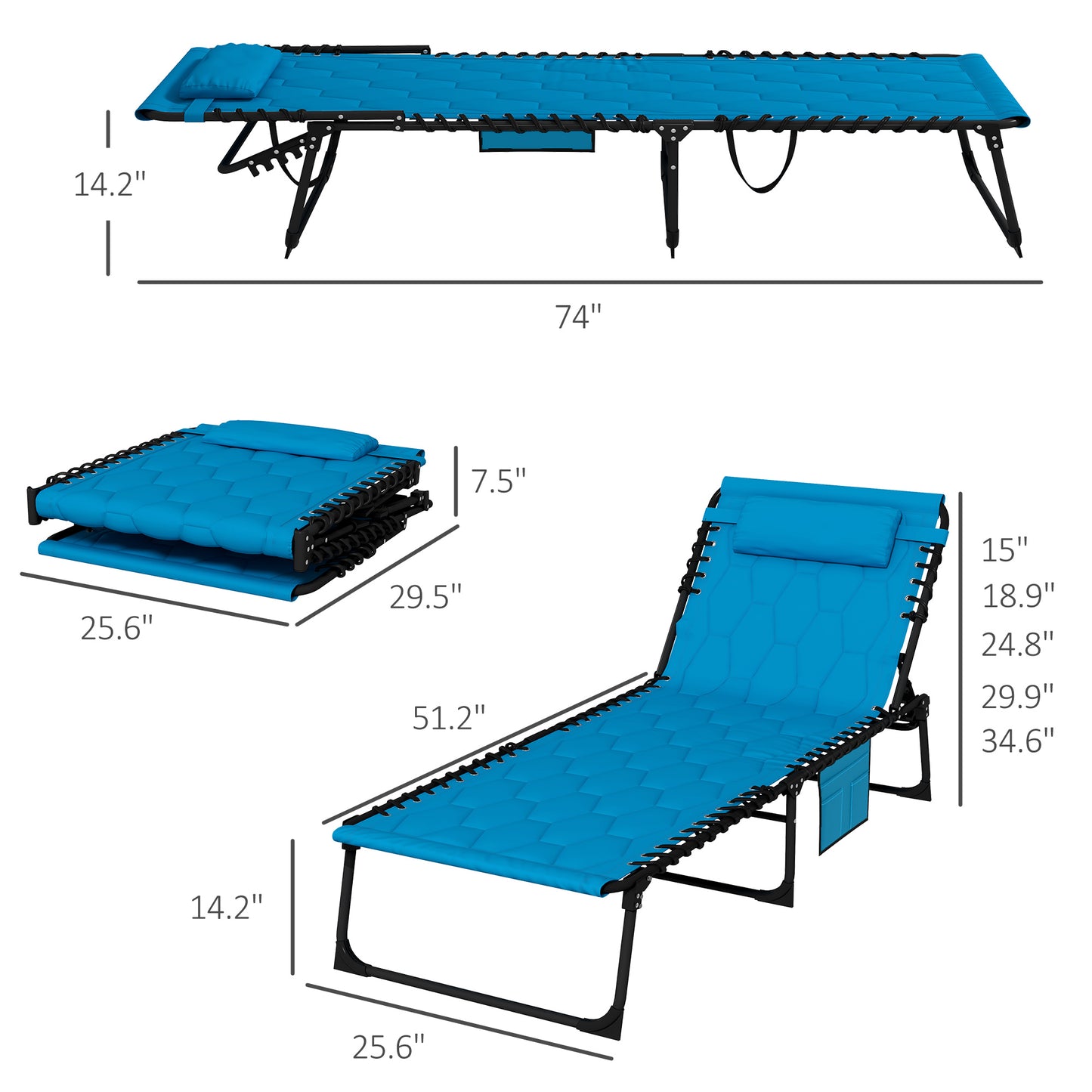 Blue quilted fabric folding lounge chair with adjustable recline and pillow