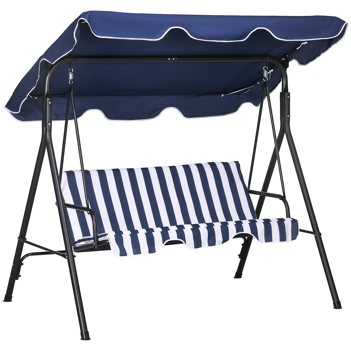 Blue and white striped patio swing with a dark blue canopy and white trim