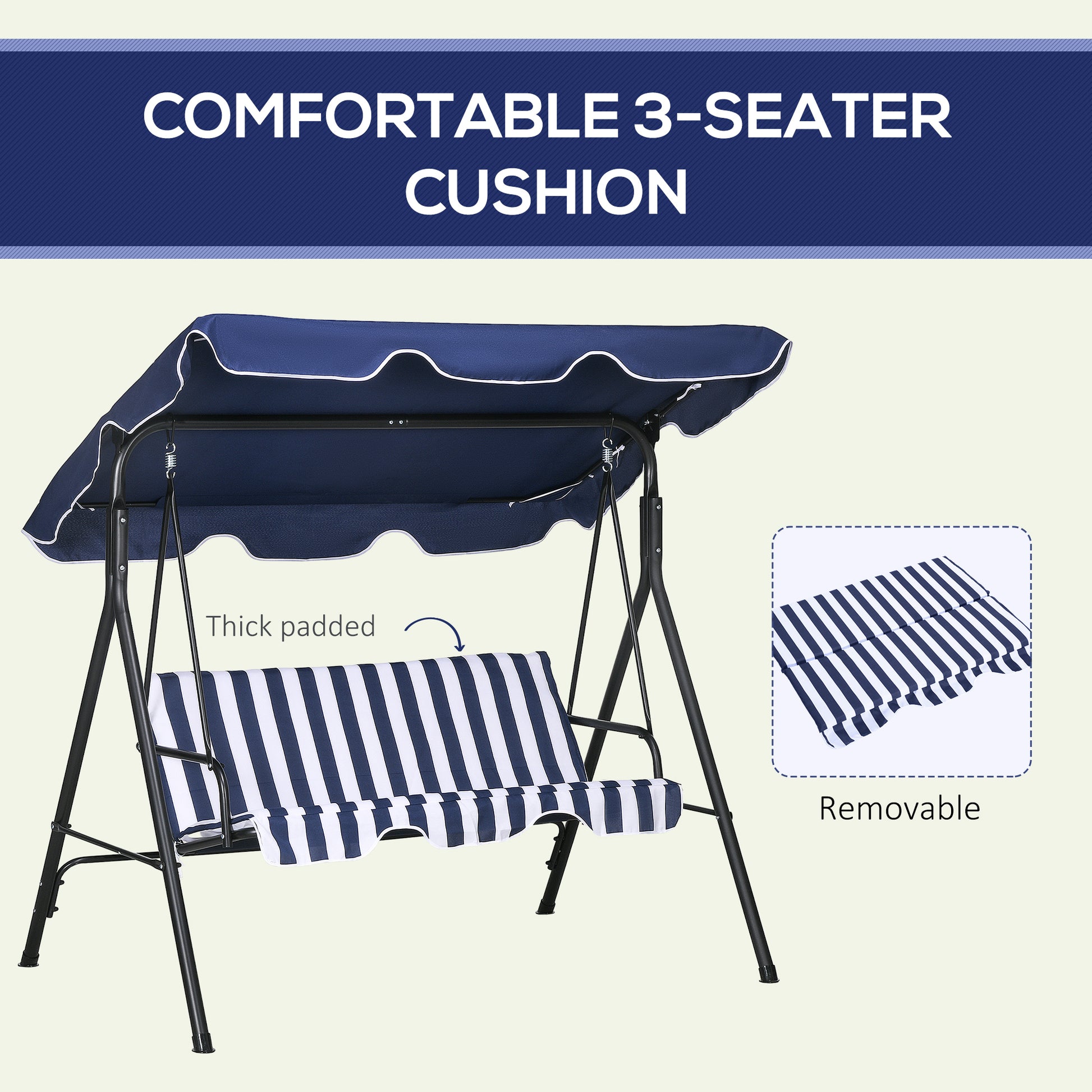 Navy blue striped seater garden swing with thick padded seat cushion and canopy