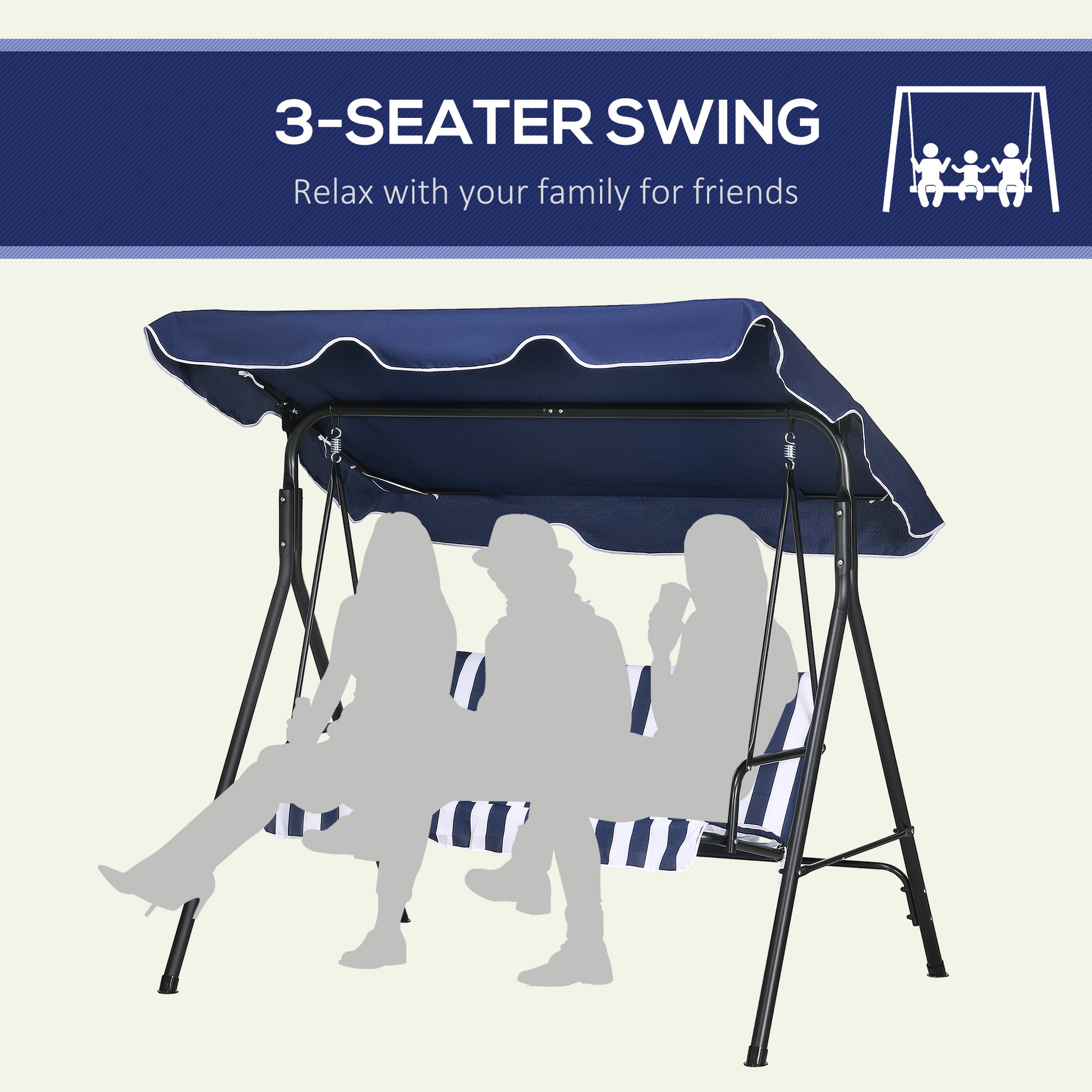 Navy blue seater swing with striped cushions and a whitetrimmed canopy