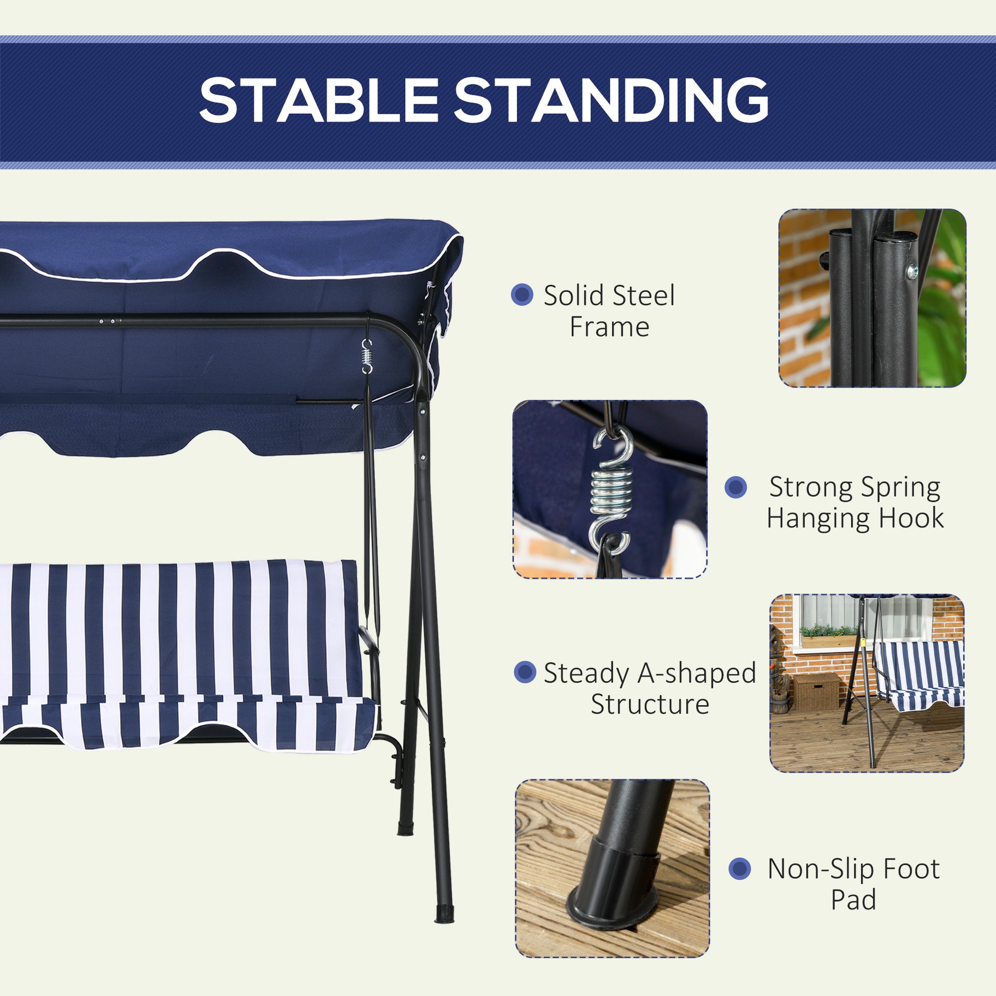 Navy blue outdoor swing with white striped cushions and a sturdy steel frame for patio