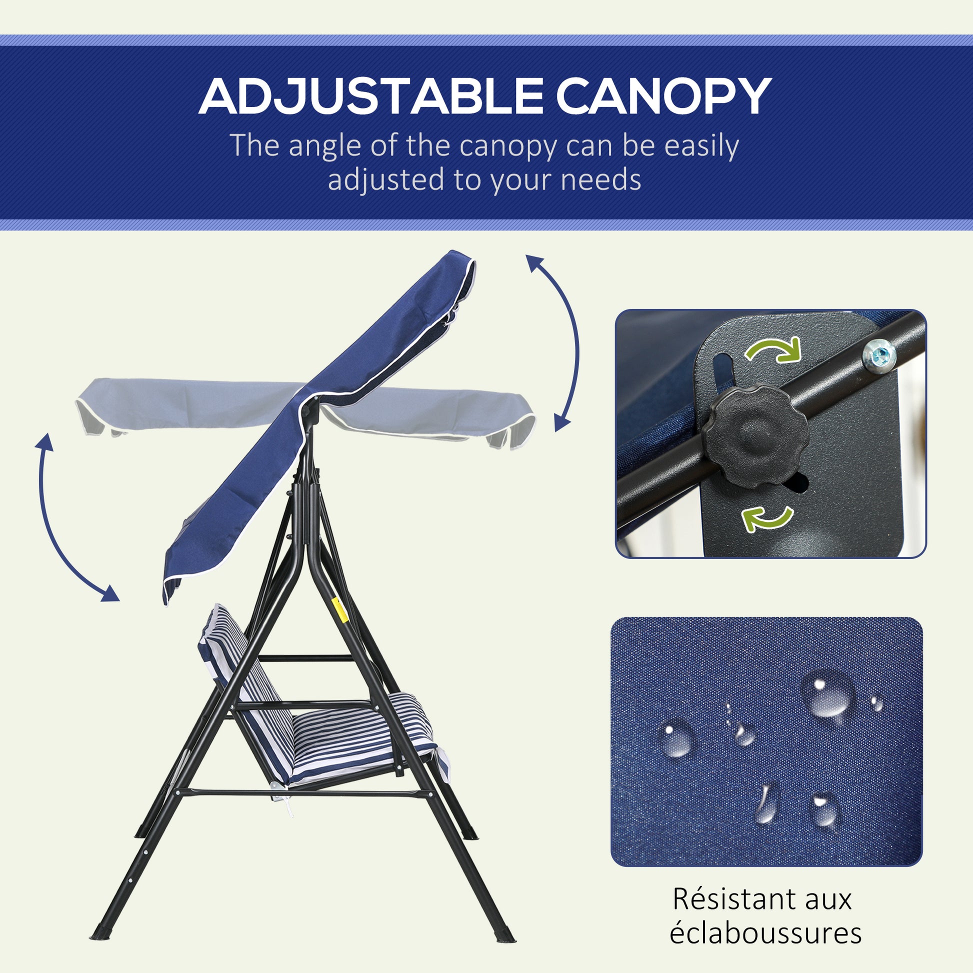Black metal patio swing with adjustable navy blue canopy and striped cushions