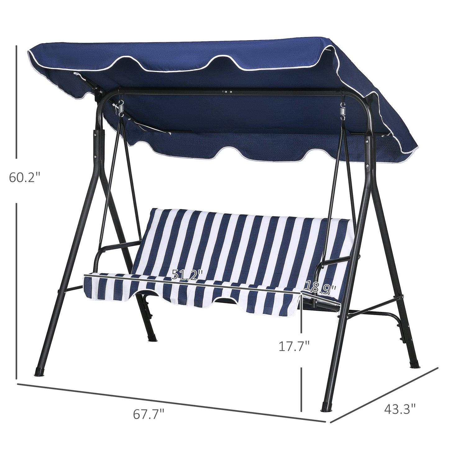 Navy blue outdoor swing with white trim canopy and striped cushions  wide