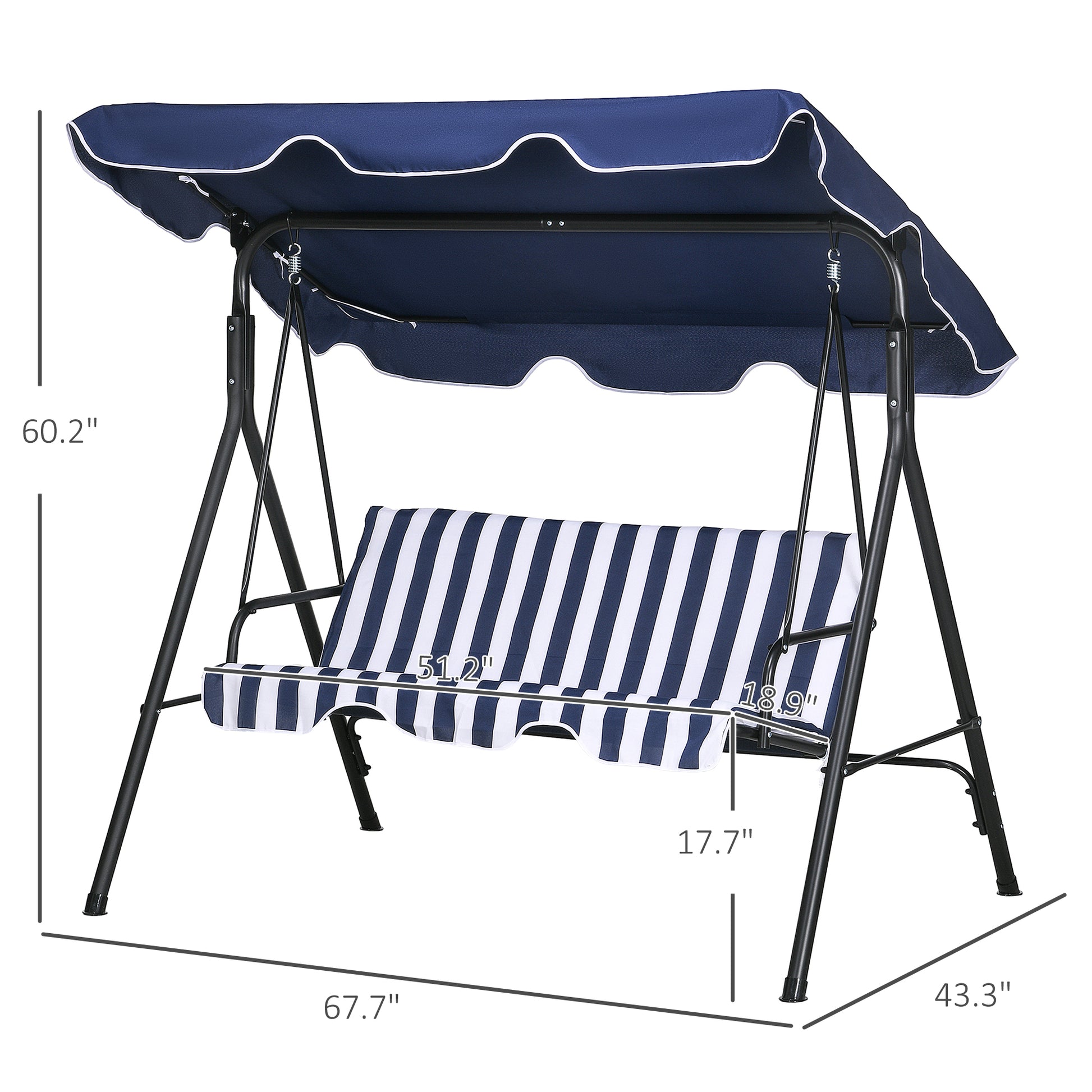 Navy blue outdoor swing with white trim canopy and striped cushions  wide