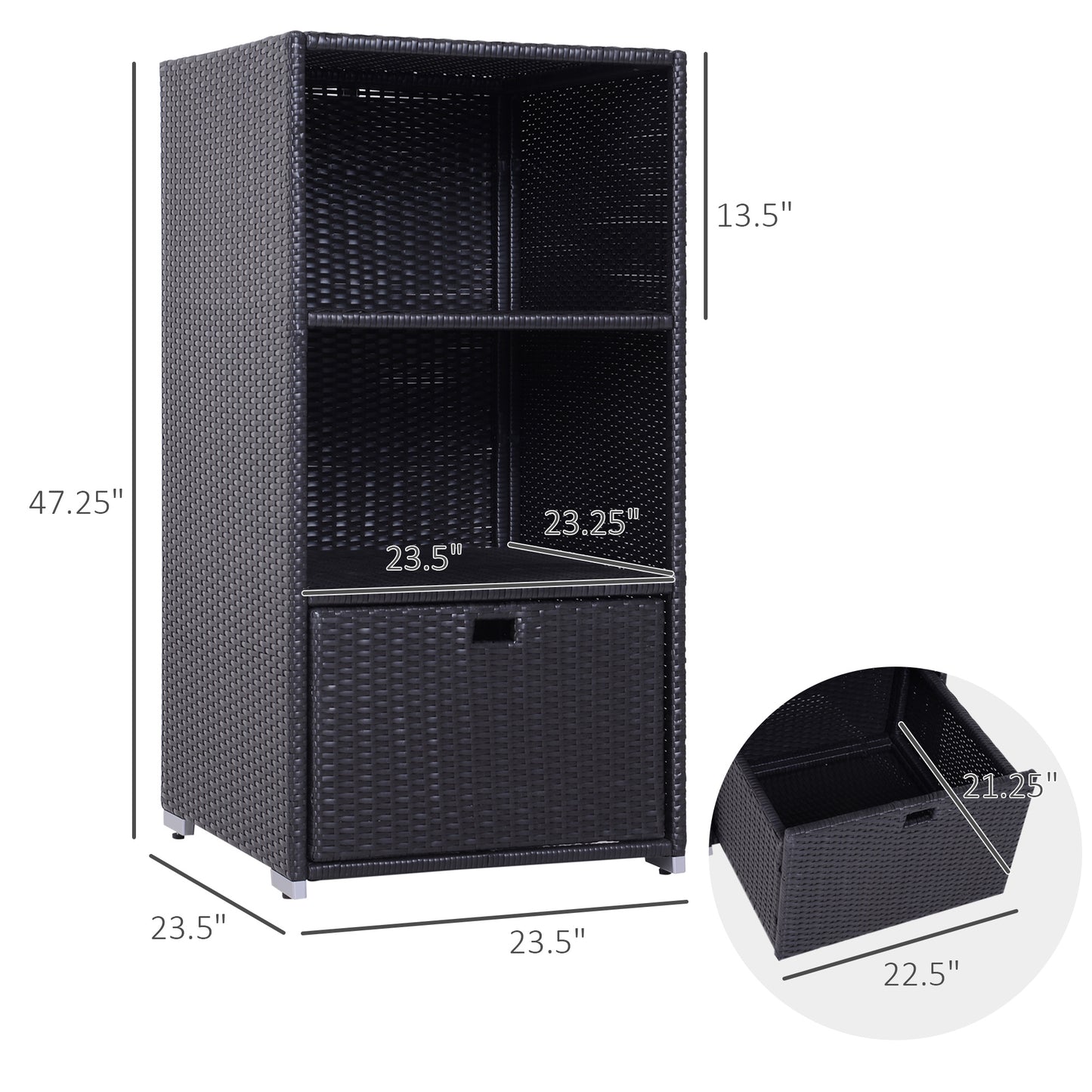 Black rattan storage cabinet with two shelves and a drawer  inches tall