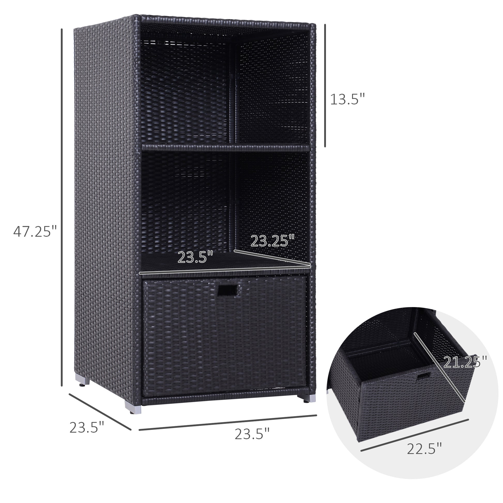 Black rattan storage cabinet with two shelves and a drawer  inches tall