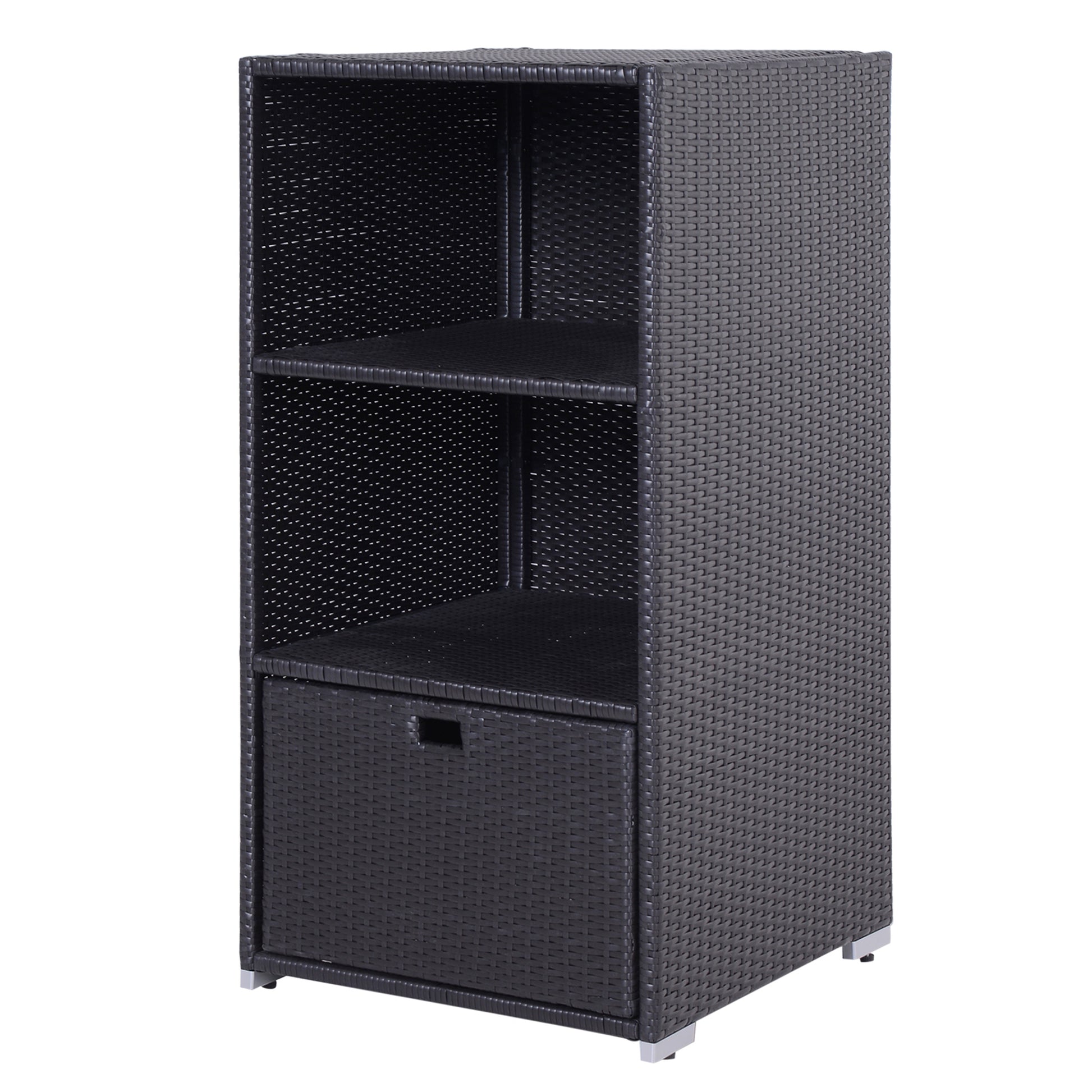 Black wicker shelving unit with two shelves and one drawer