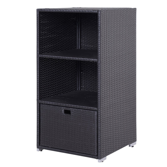 Black wicker shelving unit with two shelves and one drawer