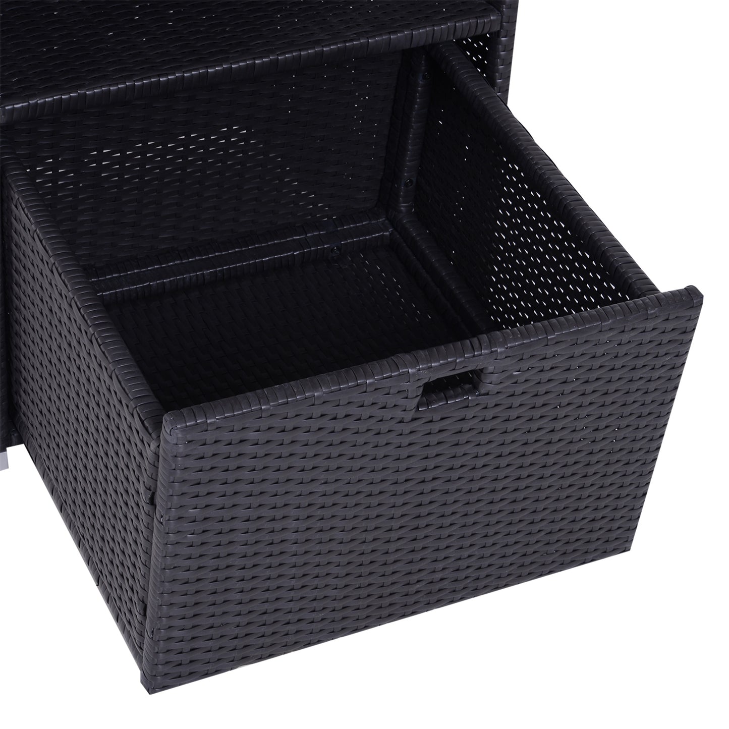 Black rattan storage drawer unit with visible weave texture