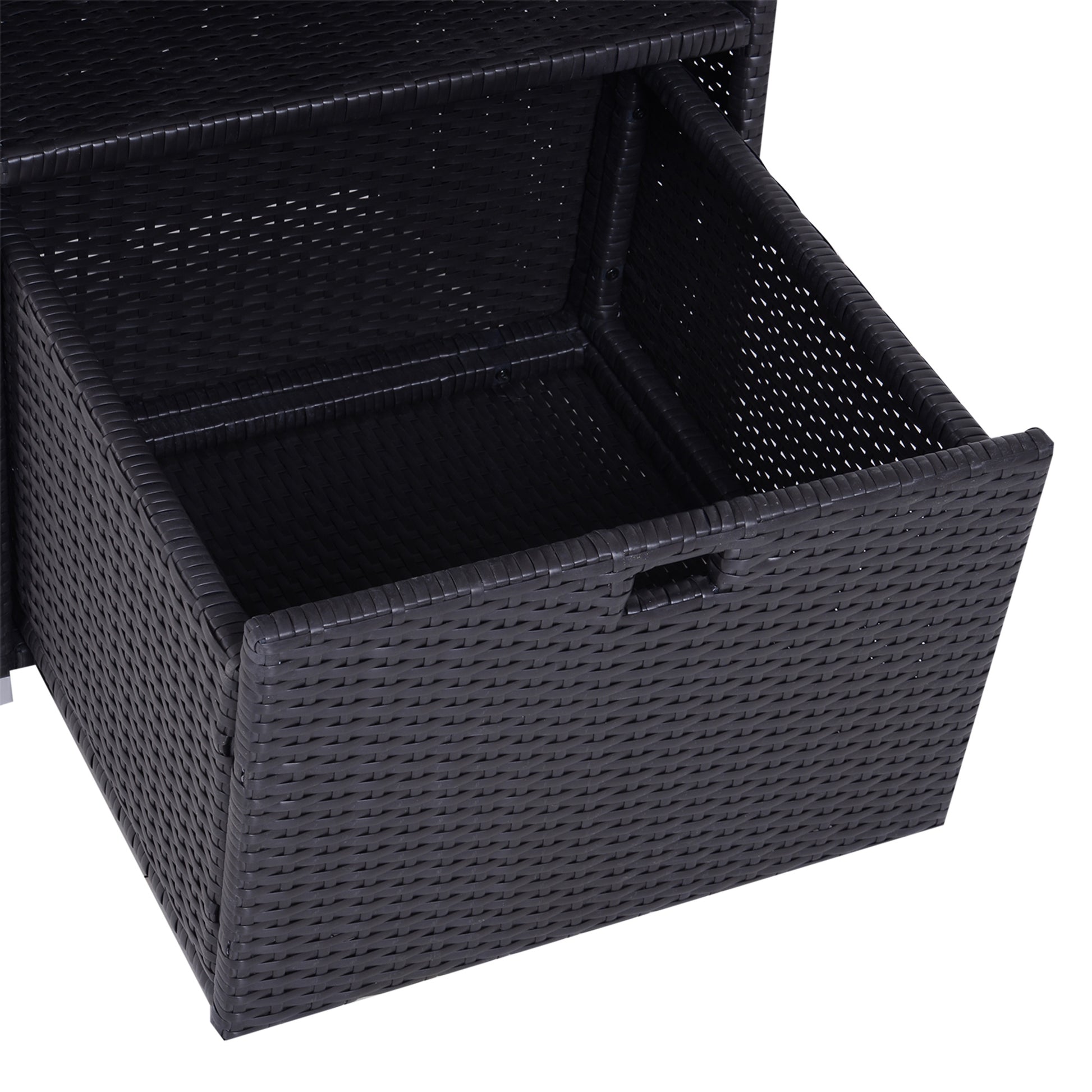 Black rattan storage drawer unit with visible weave texture