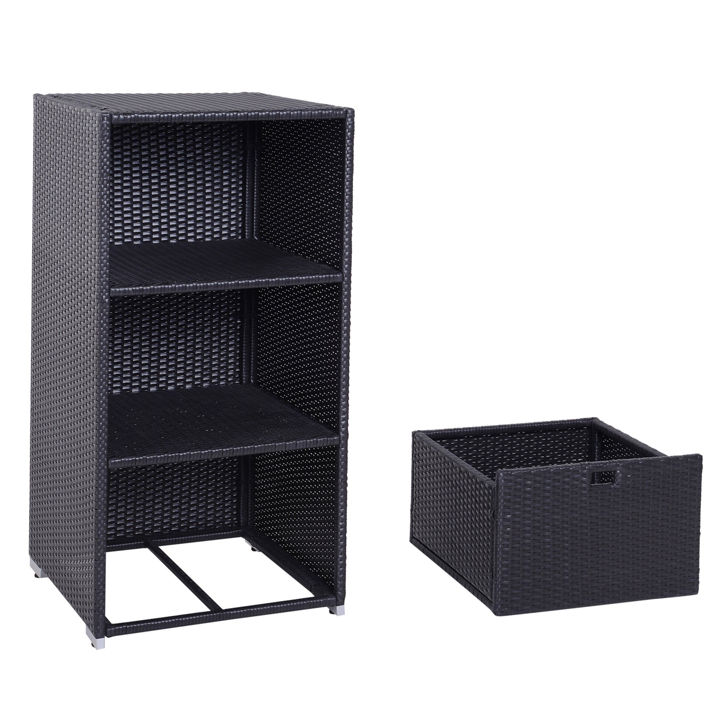 Black wicker rattan storage unit with three open shelves and a separate drawer