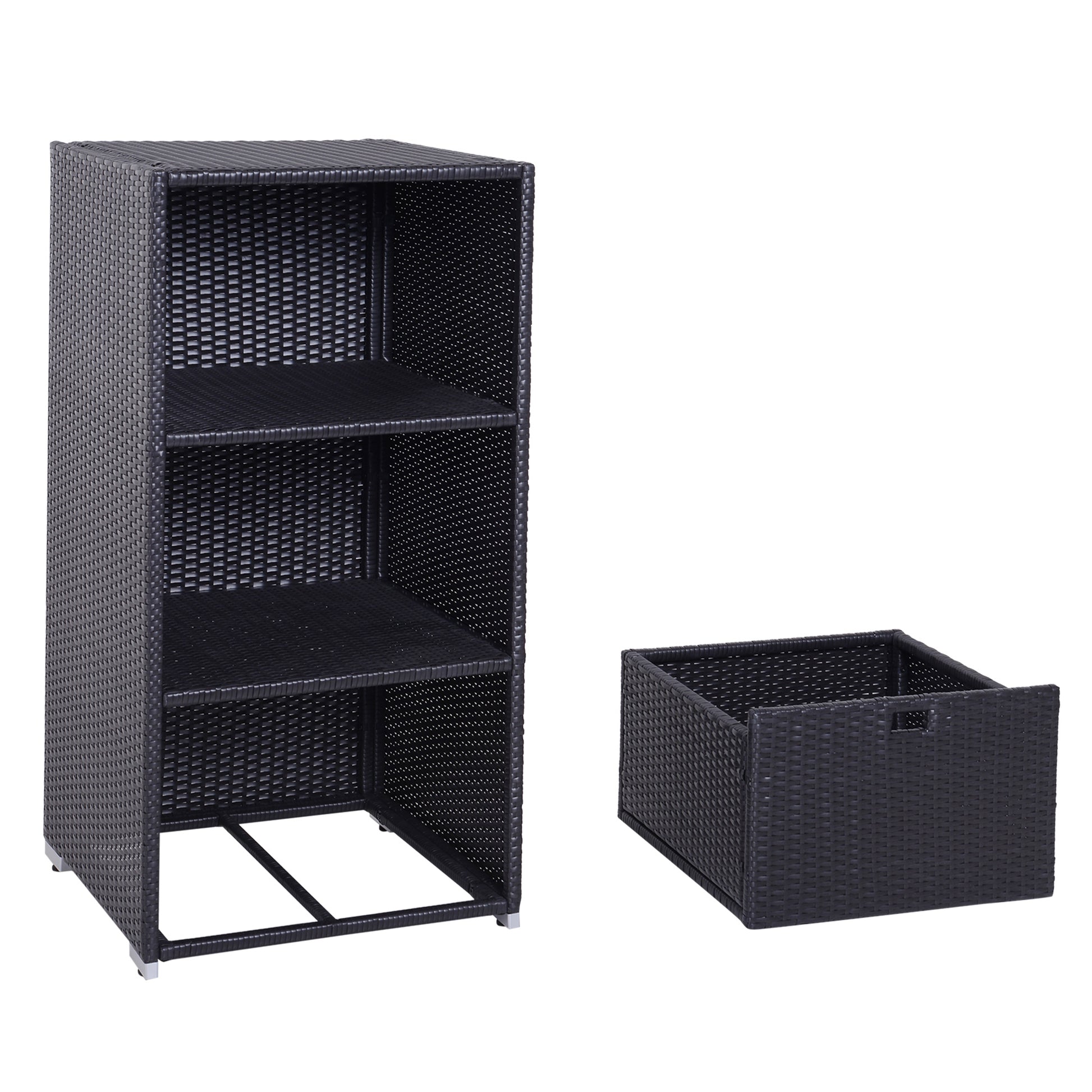 Black wicker rattan storage unit with three open shelves and a separate drawer