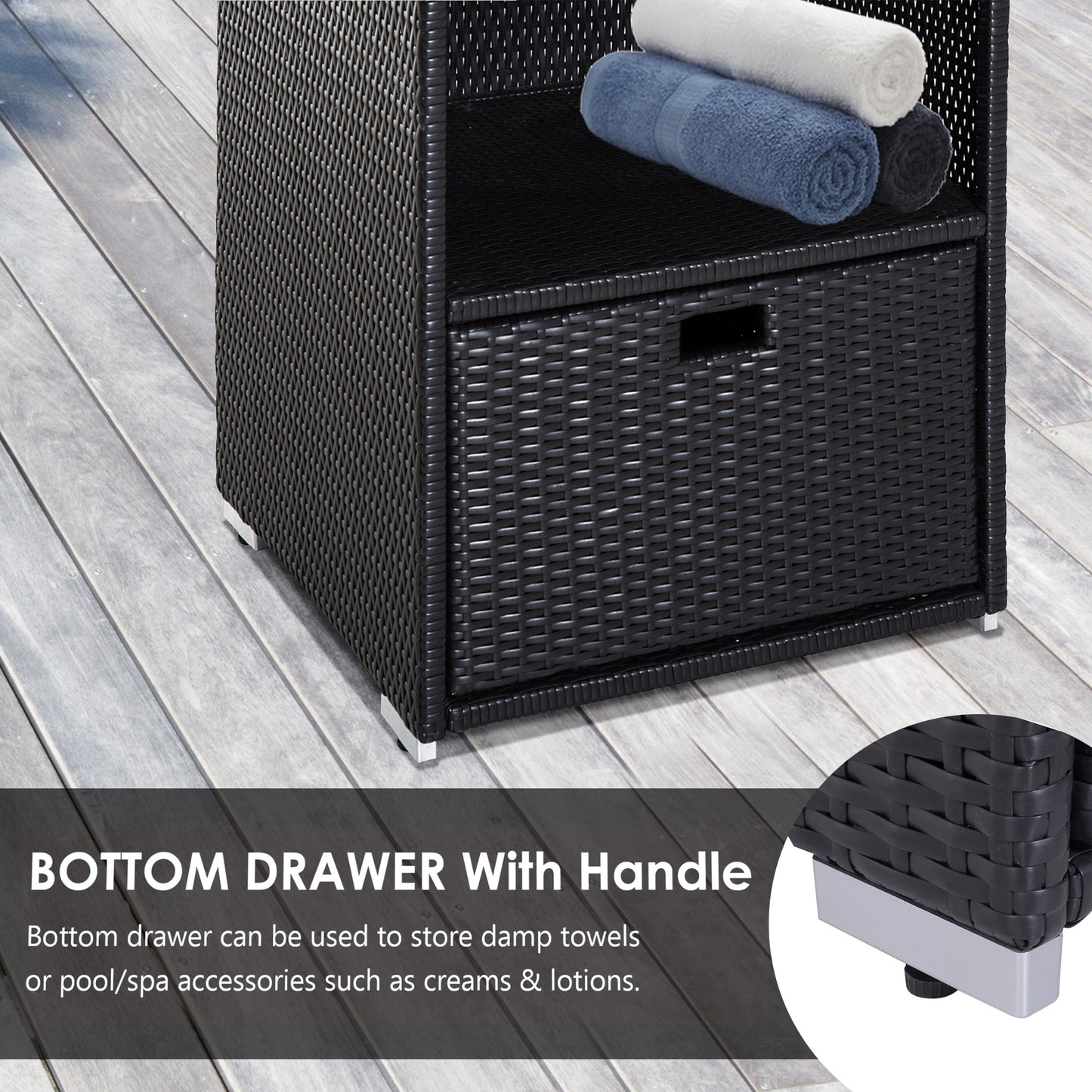 Black rattan outdoor cabinet with integrated drawer perfect for patio storage