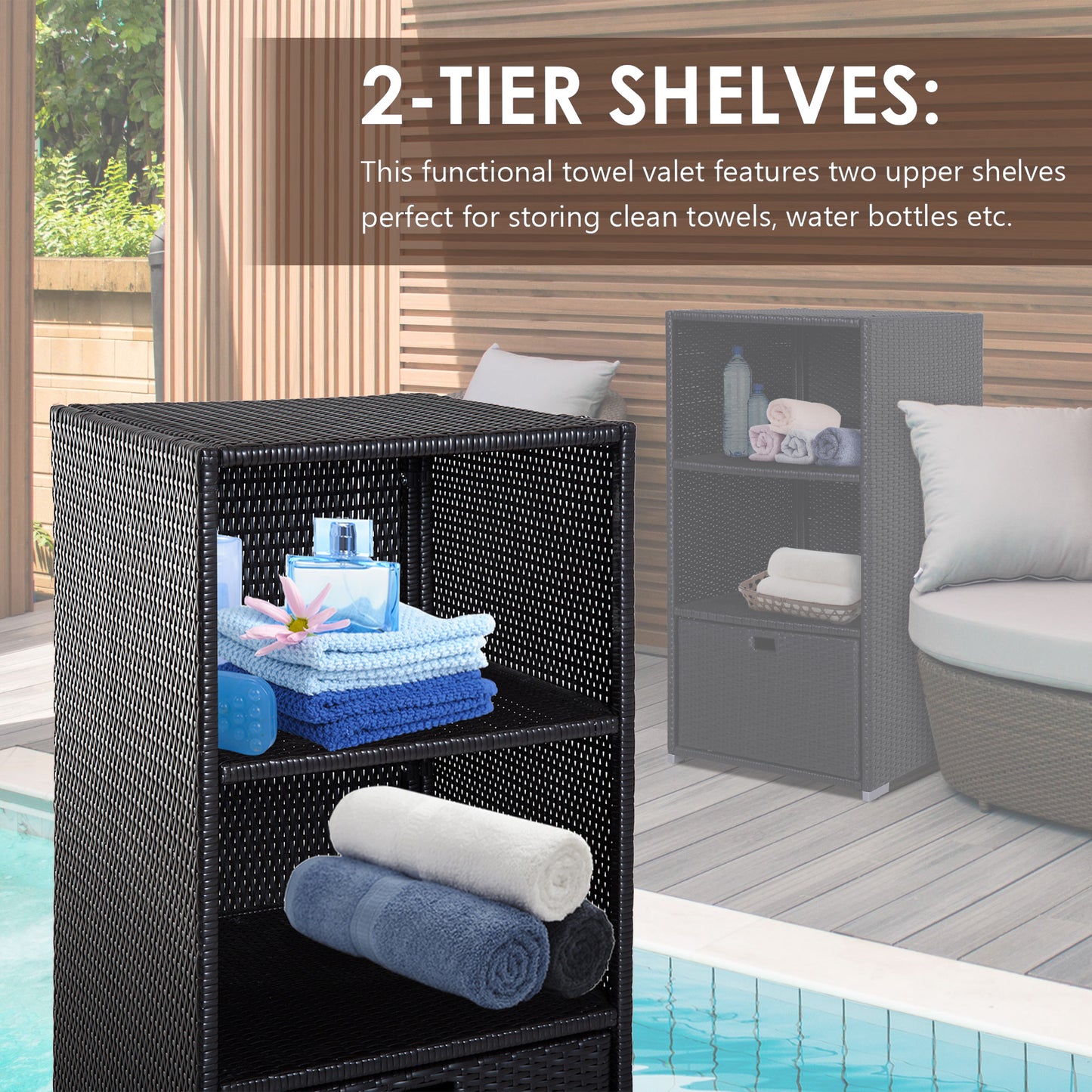 Black rattan tier shelves with rolled towels and blue fragrance bottle