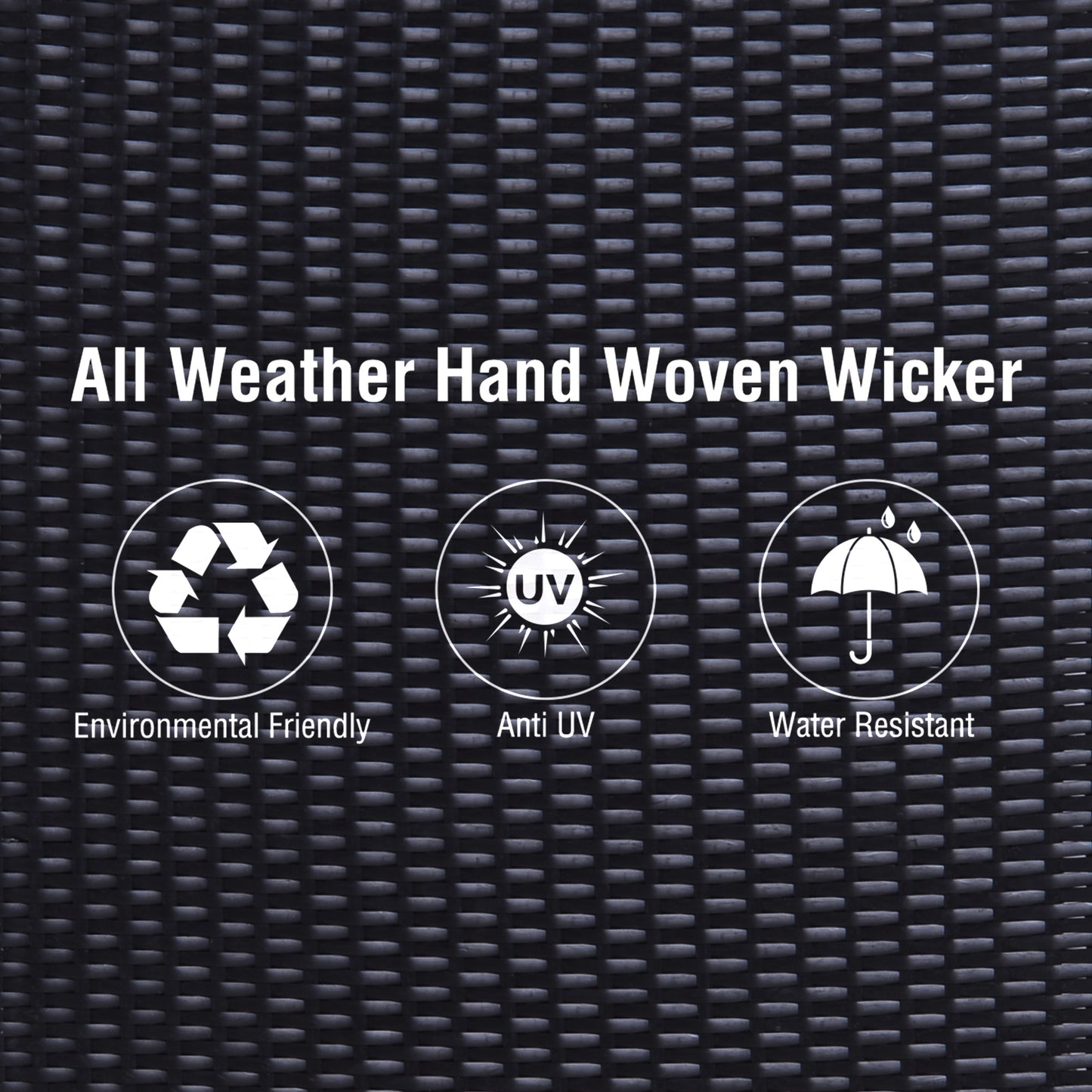 Closeup of black handwoven wicker texture with All Weather text perfect for outdoor furniture