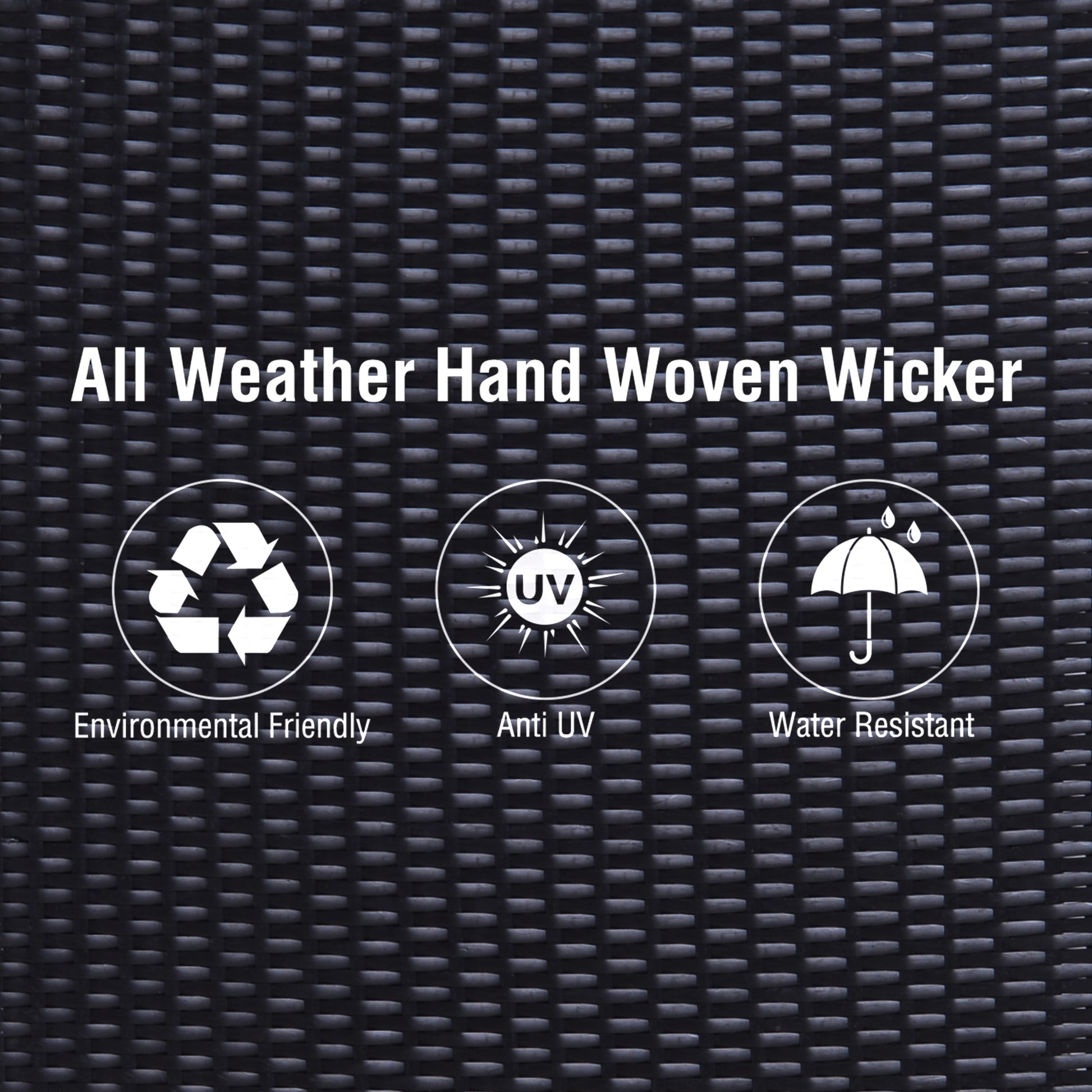 Closeup of black handwoven wicker texture with All Weather text perfect for outdoor furniture