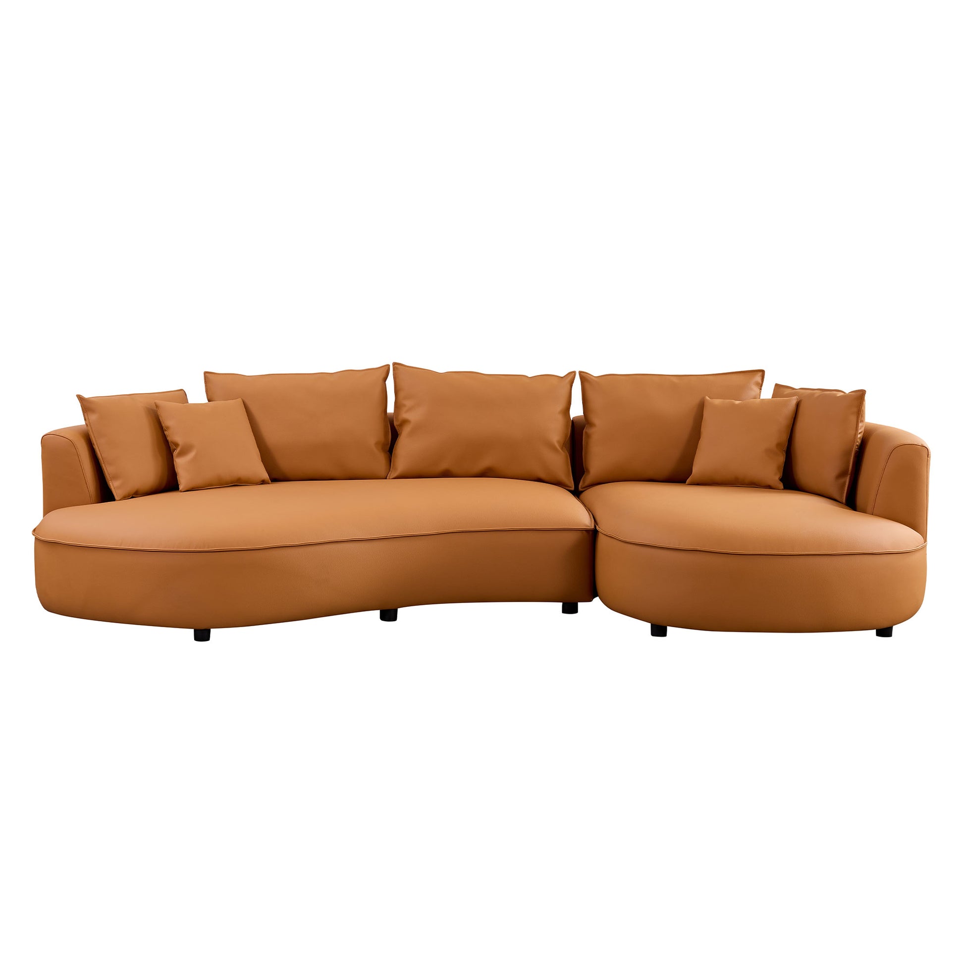 Curved brown leather sectional sofa with plush cushions perfect for modern living rooms