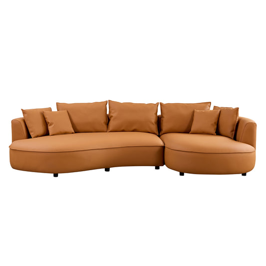 Curved brown leather sectional sofa with plush cushions perfect for modern living rooms