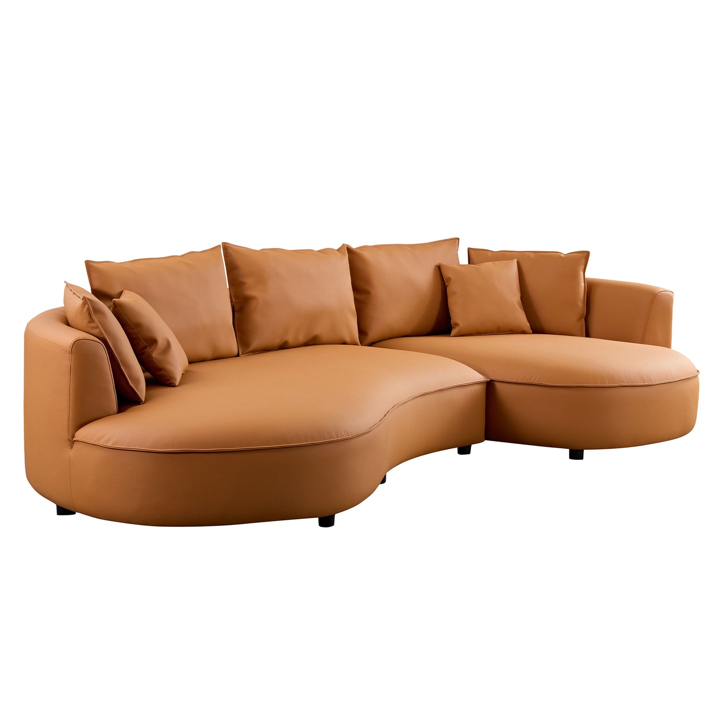 Curved tan leather sectional sofa with plush cushions modern living room furniture