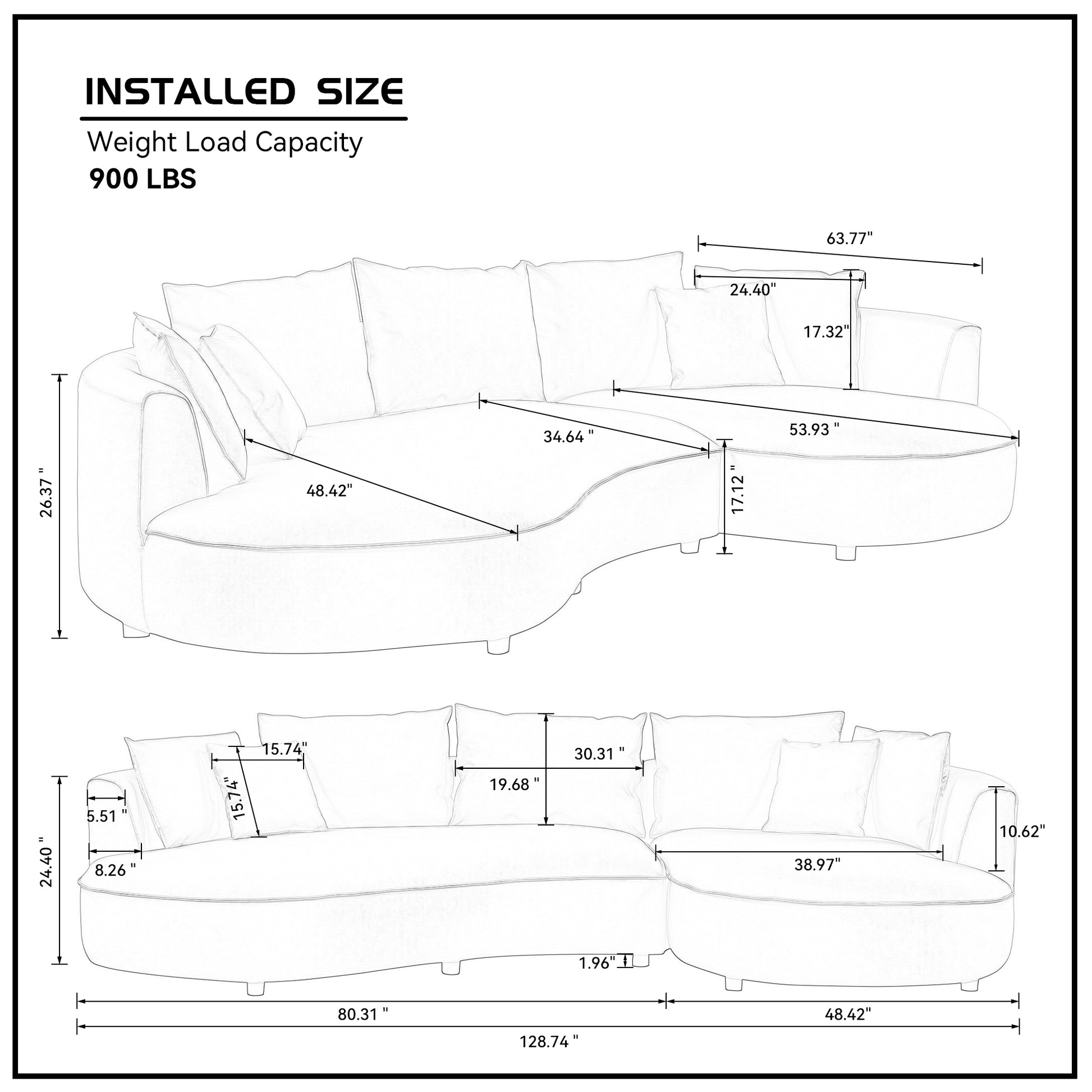 Line drawing of a sectional sofa with dimensions for installed size and  lbs weight capacity
