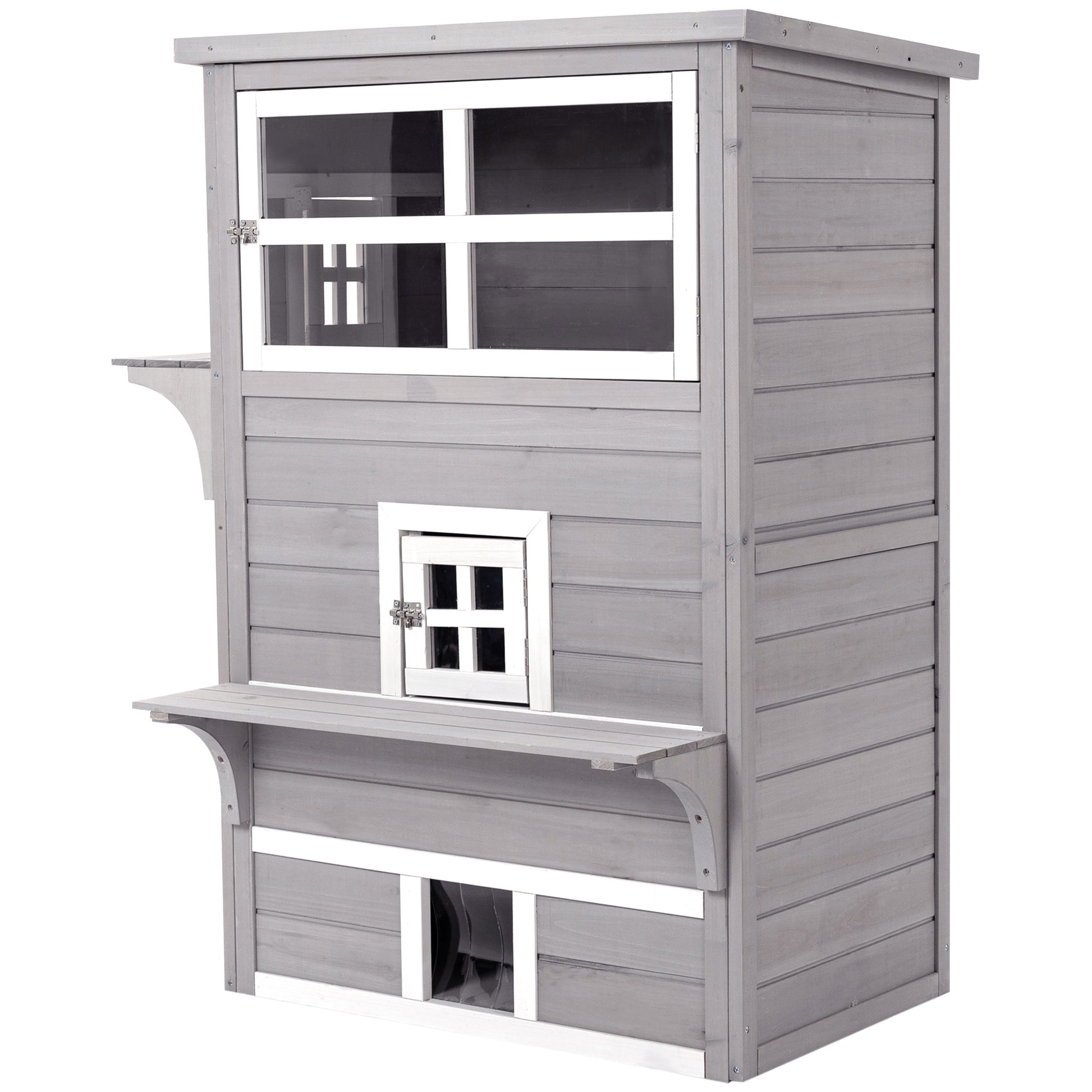 Gray wooden cat tree with observation deck and scratching surfaces