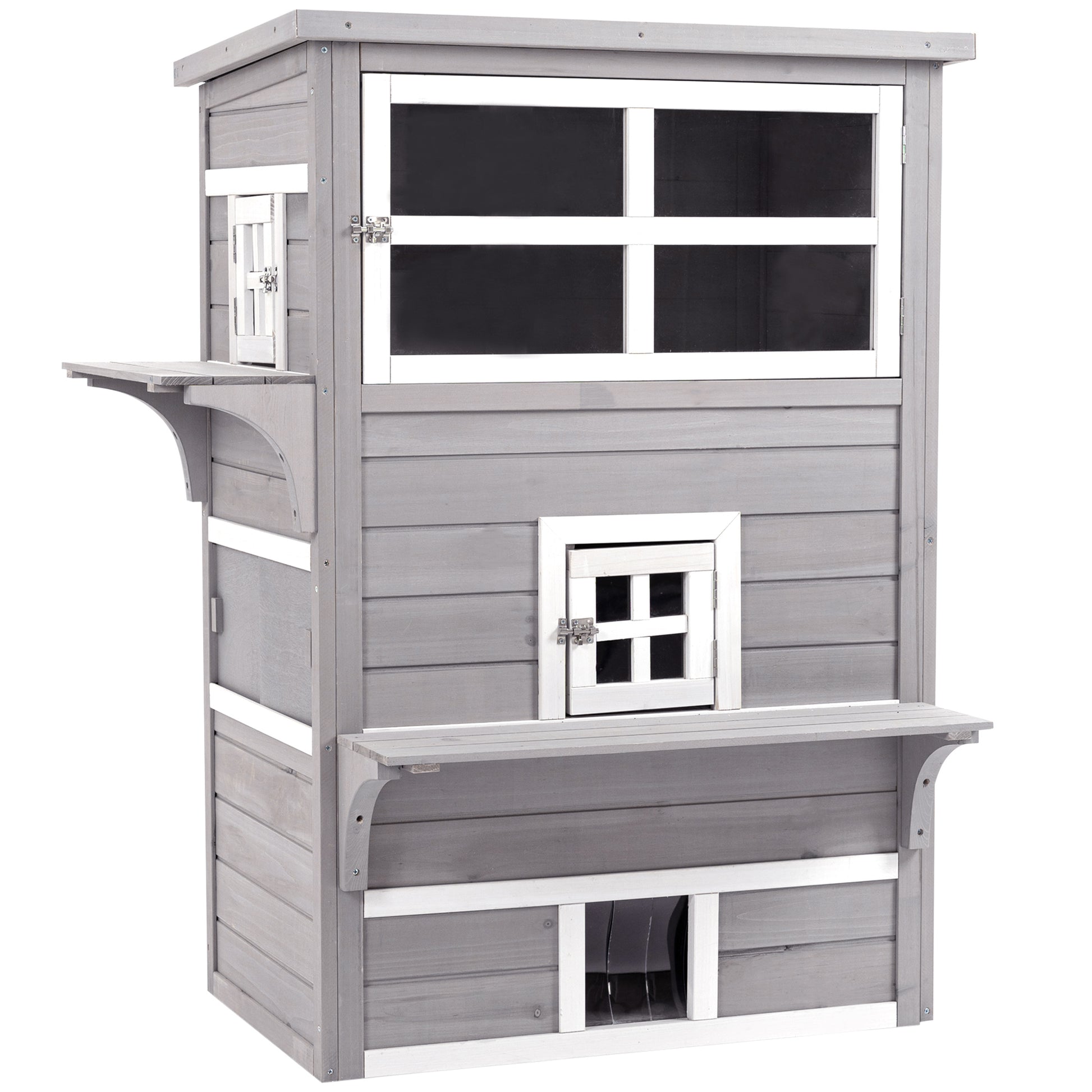 Gray wooden outdoor cat house with multiple levels and window features